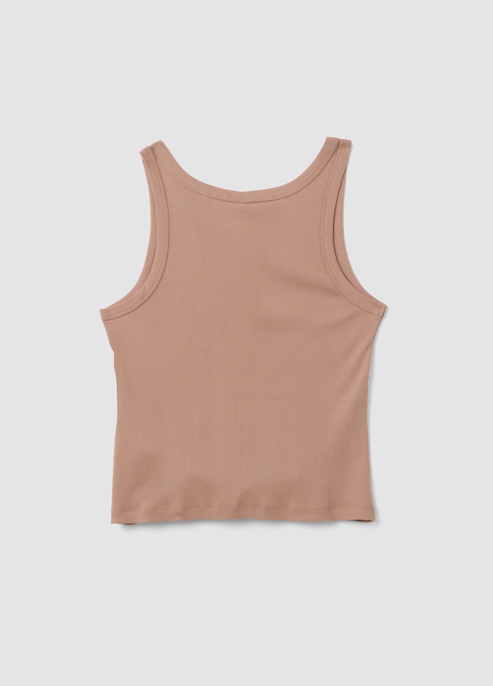 Beige ribbed cotton and viscose blend henley vest top