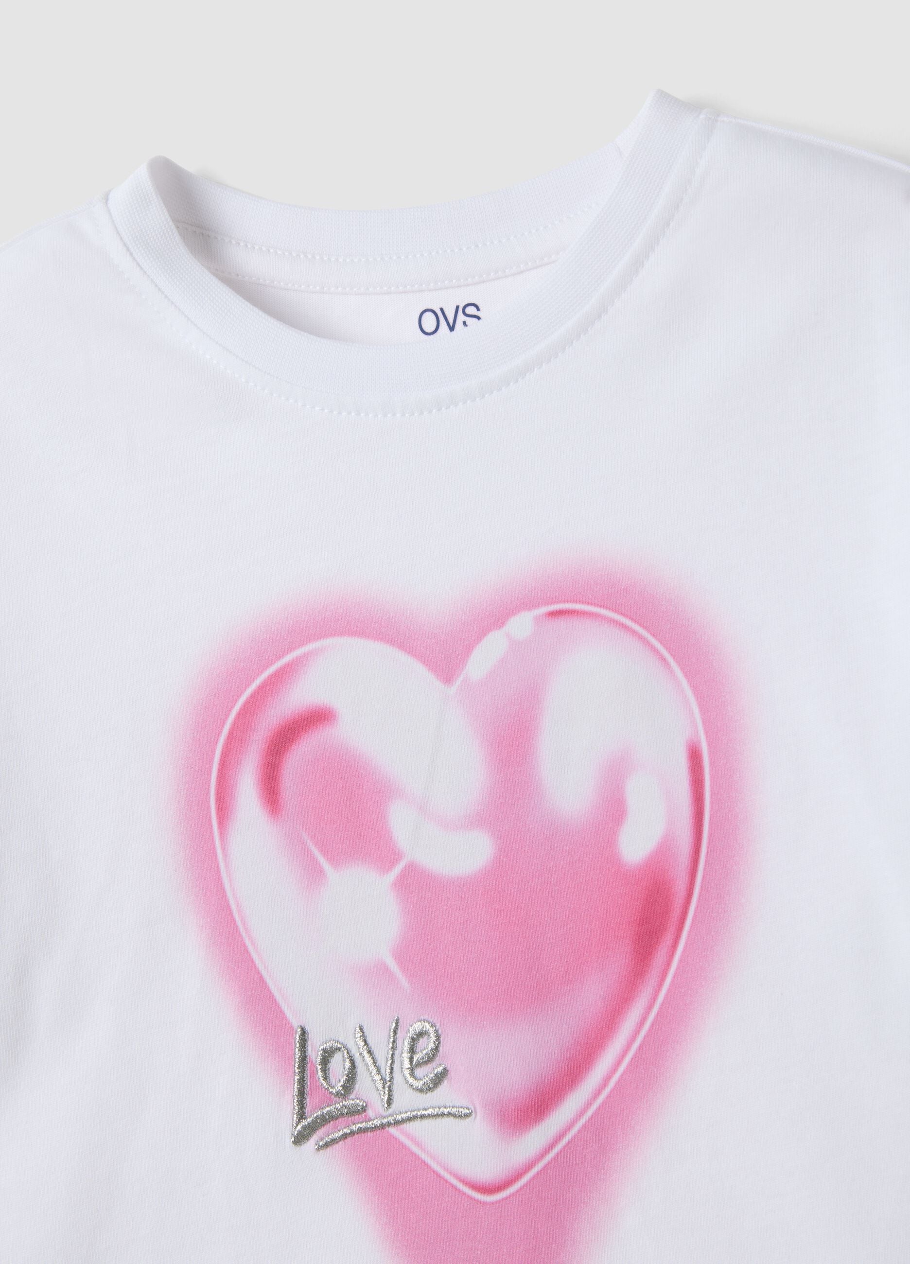White pure cotton crew-neck T-shirt with heart print for girls