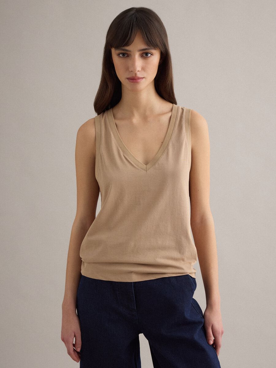 Tank top in misto cotone beige regular fit con scollo a V_1