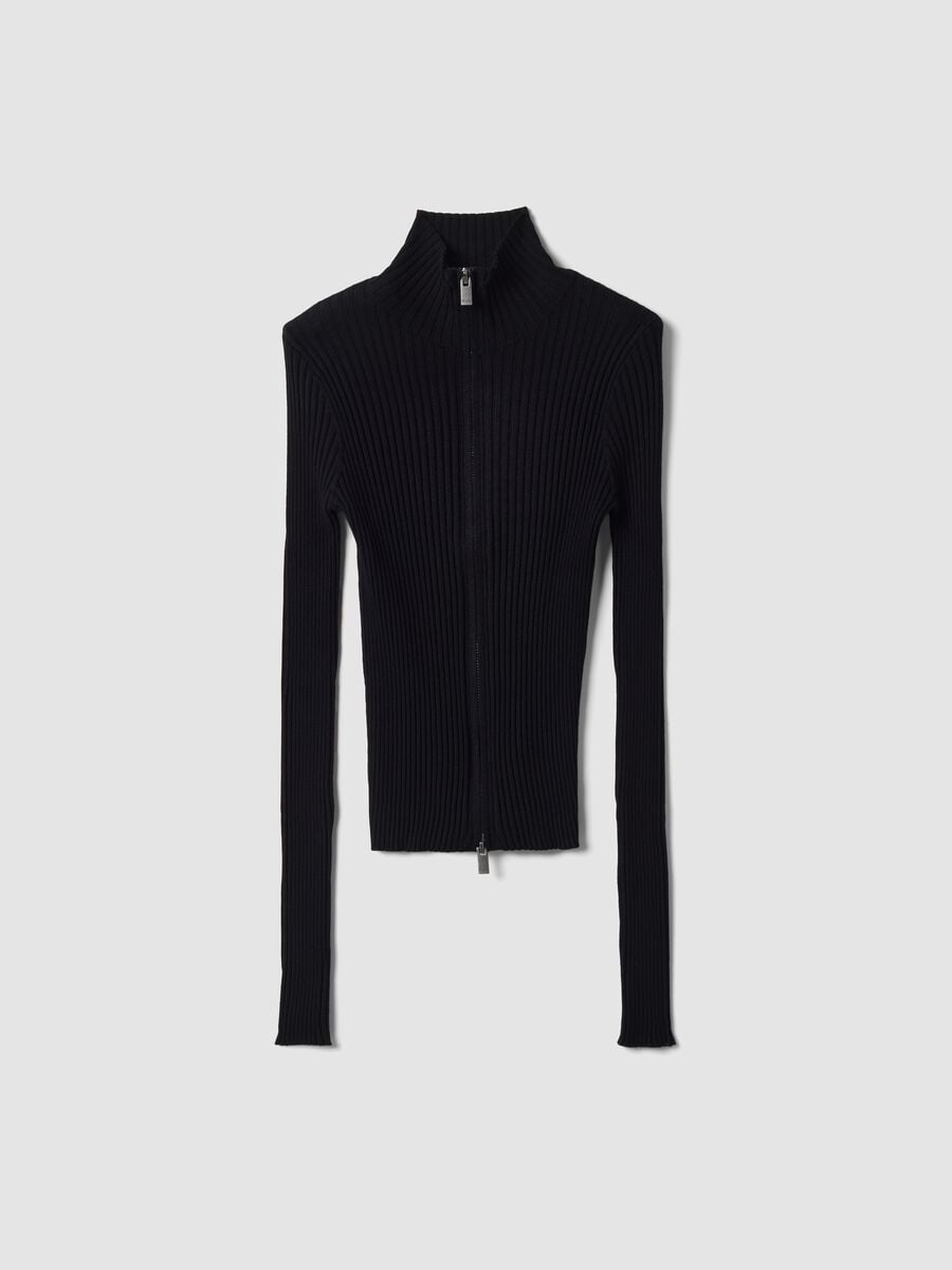 Black Ribbed Knit Full-Zip_1