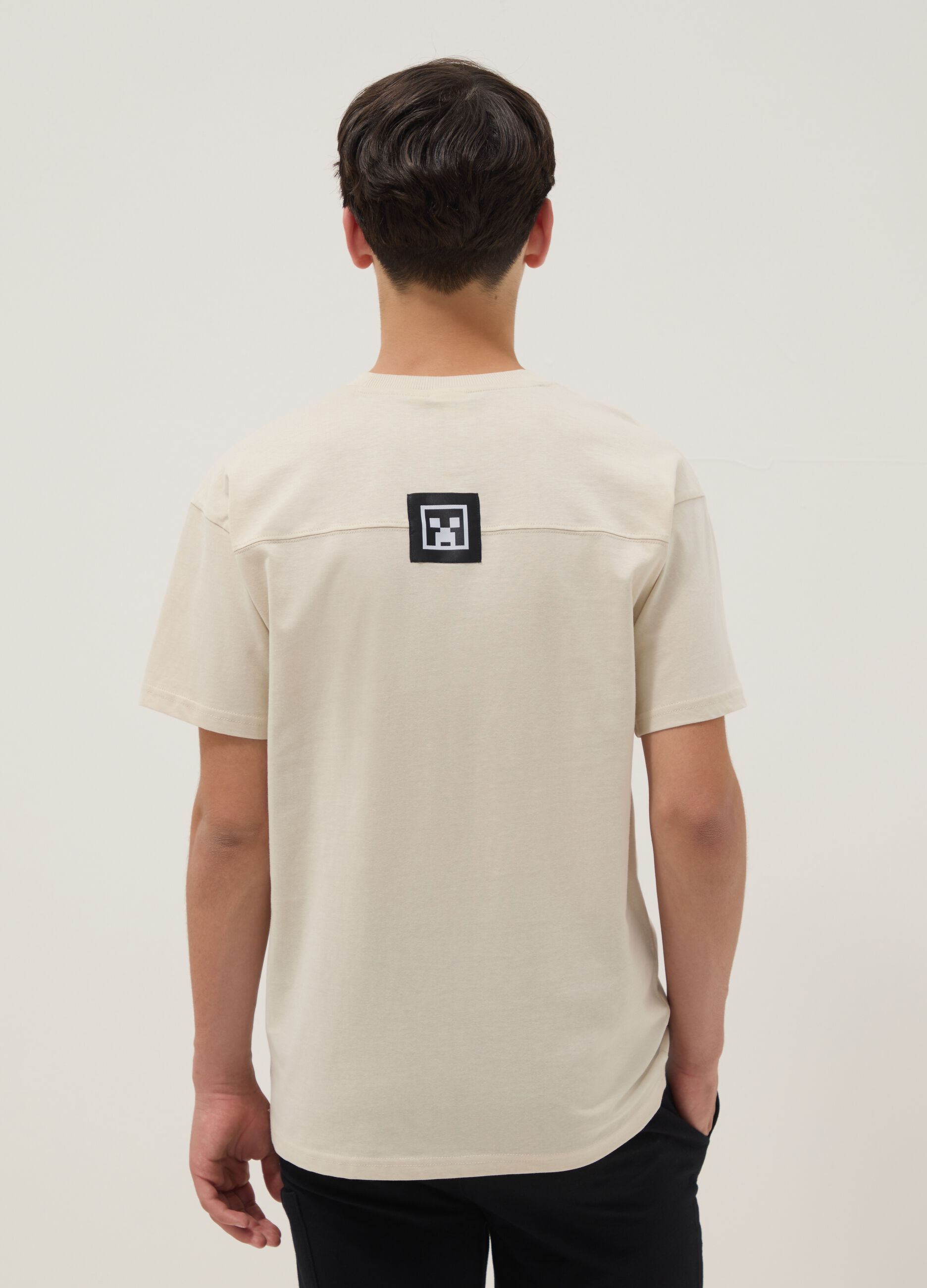 Boys' Beige Pure Cotton T-shirt with Relaxed Fit and Print