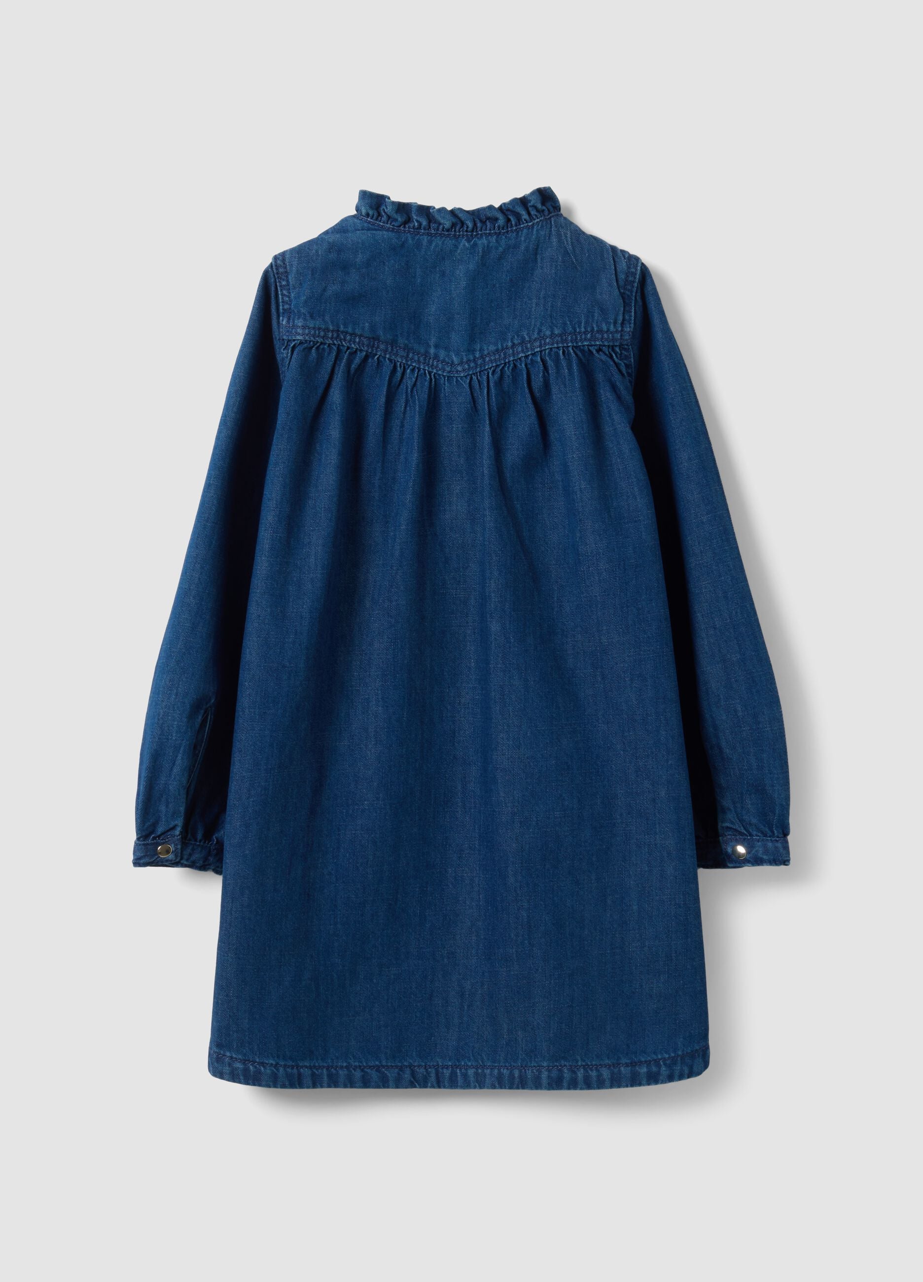 Blue wide-fit pure cotton dress with crew neck and ruffle for girls