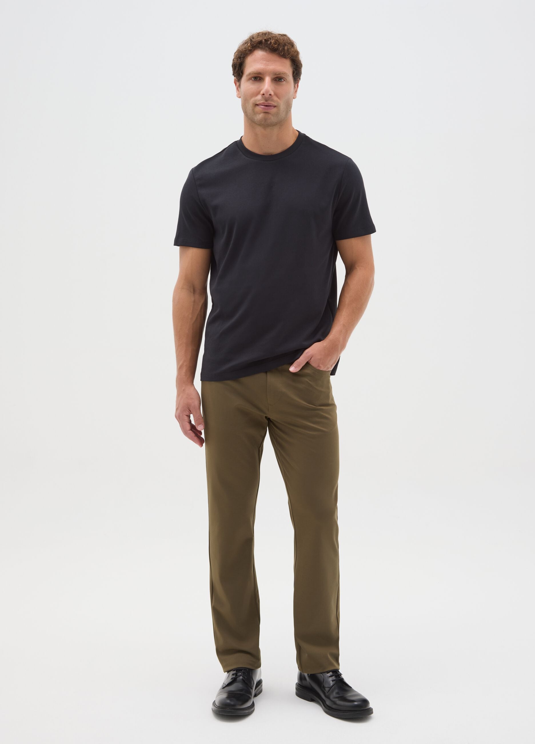 Brown cotton blend slim fit trousers