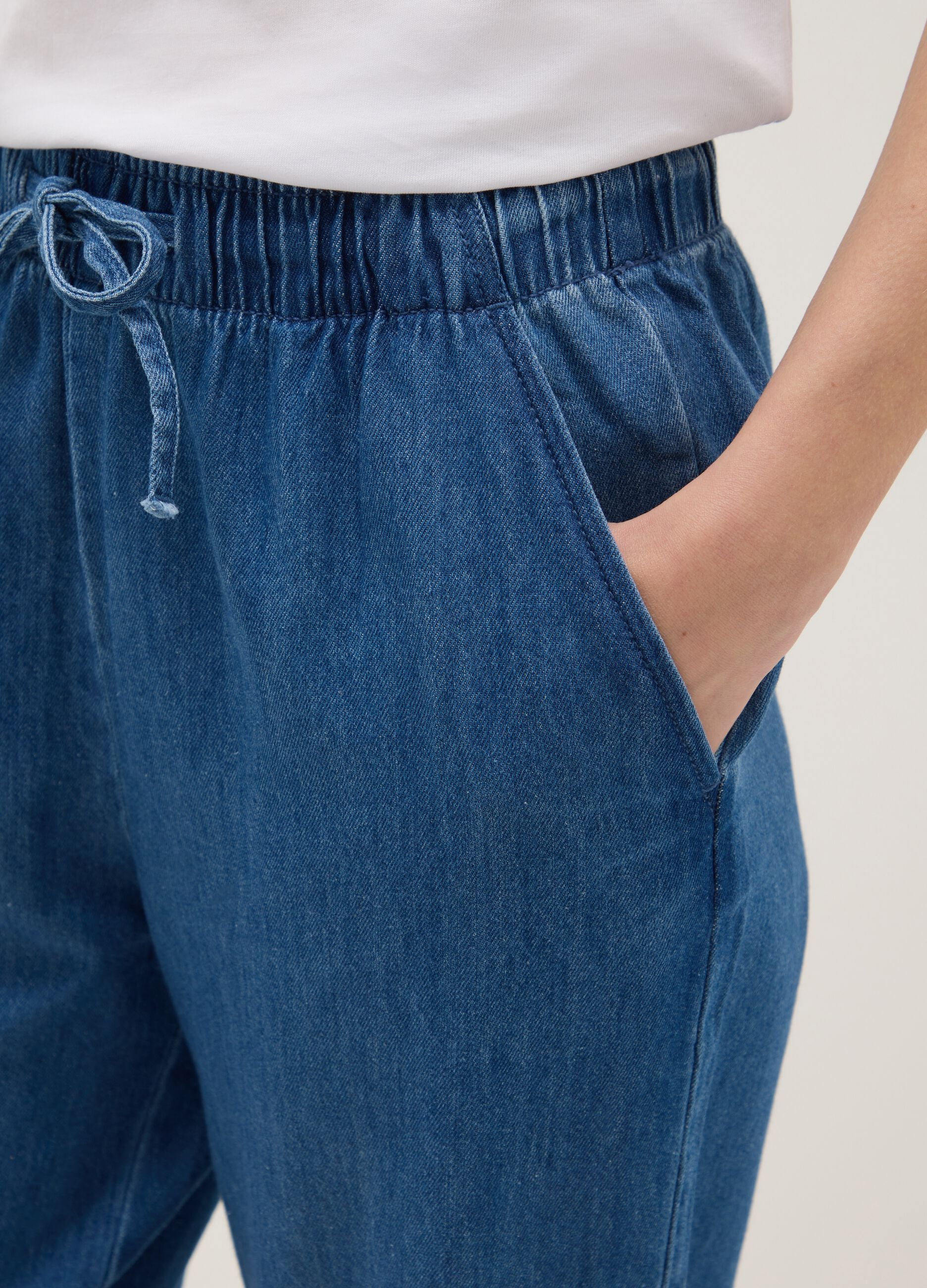 Wide leg blue denim pure cotton trousers with elastic waistband