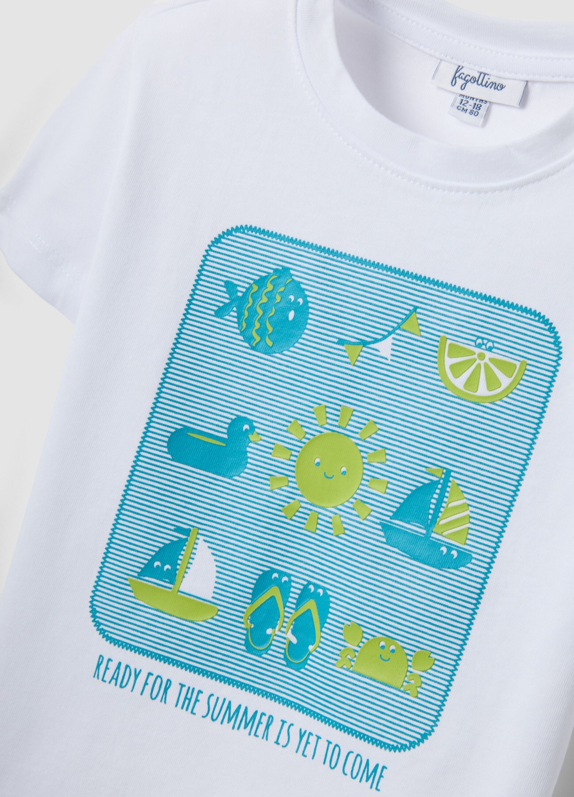 White pure cotton boys&rsquo; T-shirt, regular fit, with nautical print