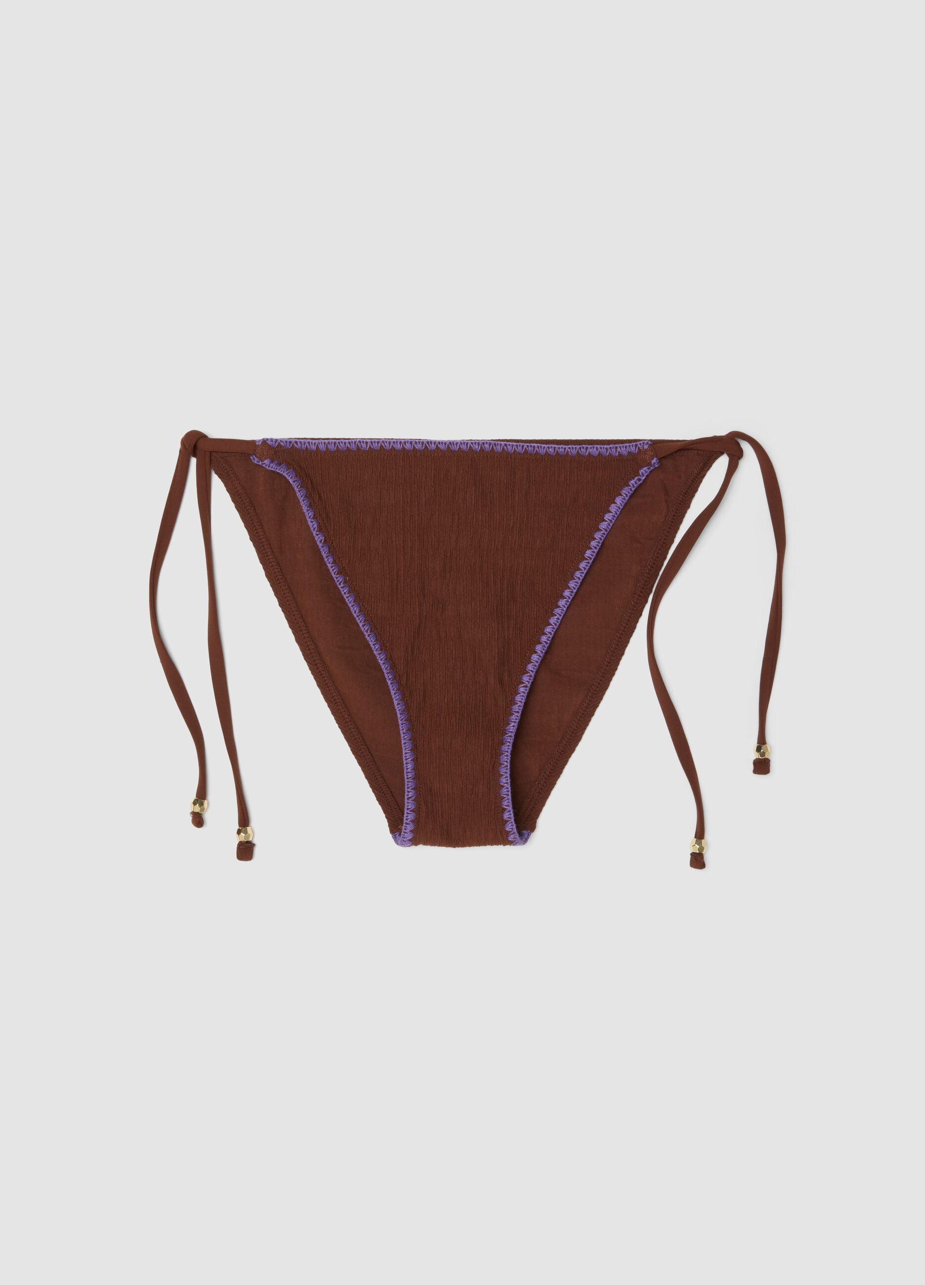 Brown triangle bikini bottoms in stretch fabric with purple trim