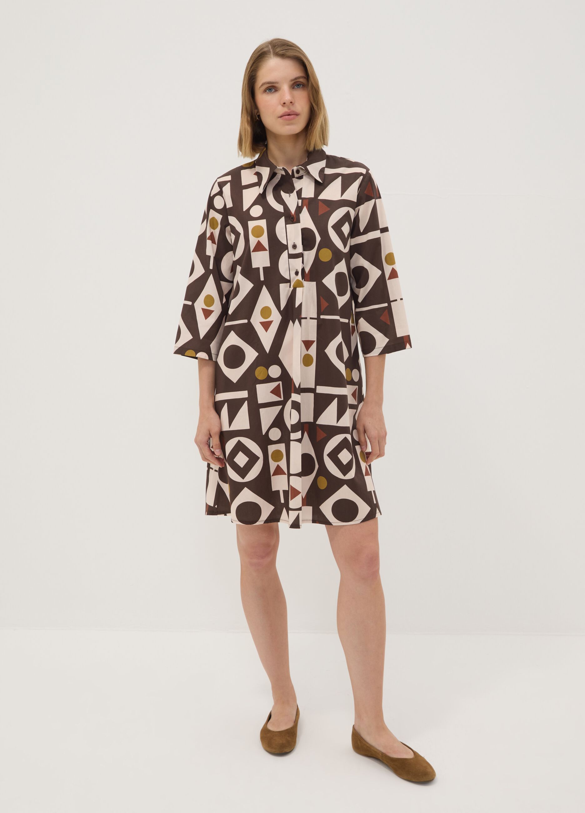 Brown stretch-cotton dress with geometric pattern, regular fit