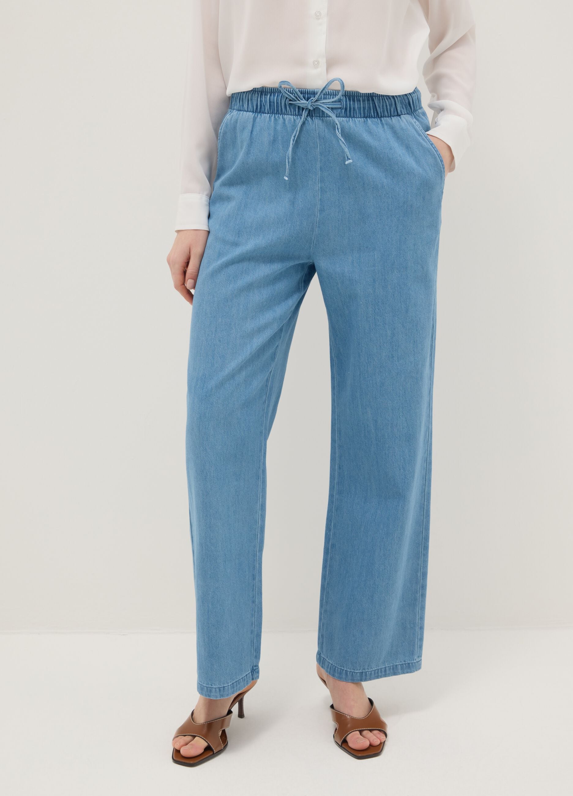 Blue wide leg denim trousers in pure cotton with elastic waistband