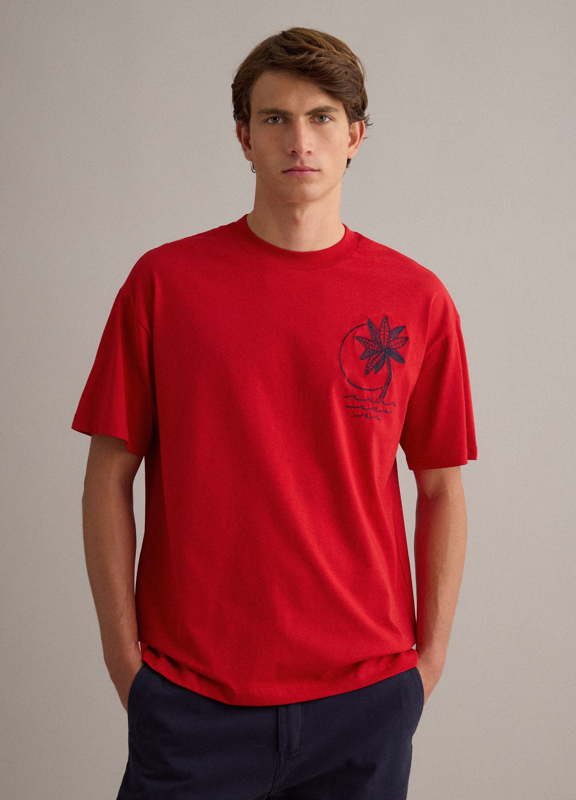 Red pure cotton relaxed-fit T-shirt with embroidery