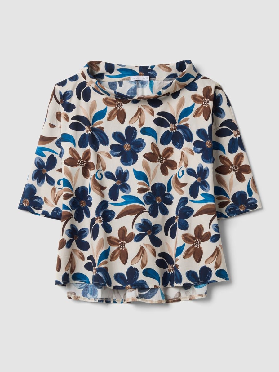 Blusa bianca in cotone elasticizzato con fantasia floreale regular fit_0