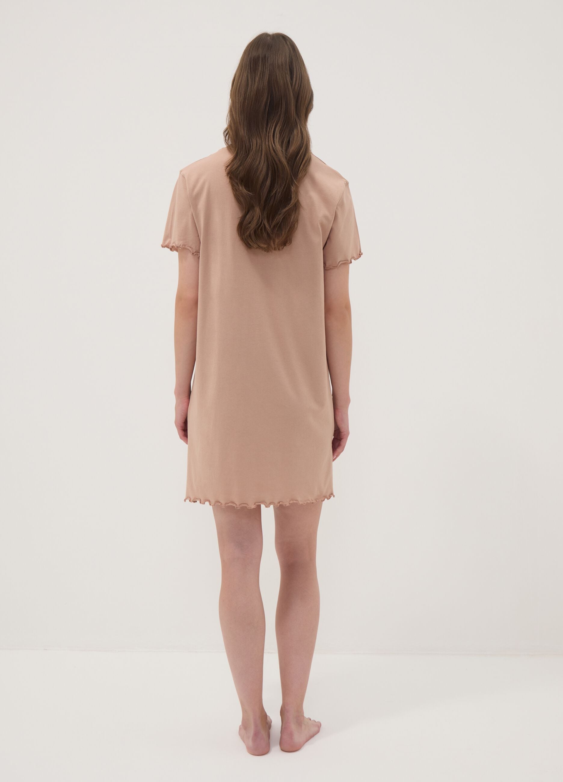 Beige pure organic cotton nightdress with frilled hems