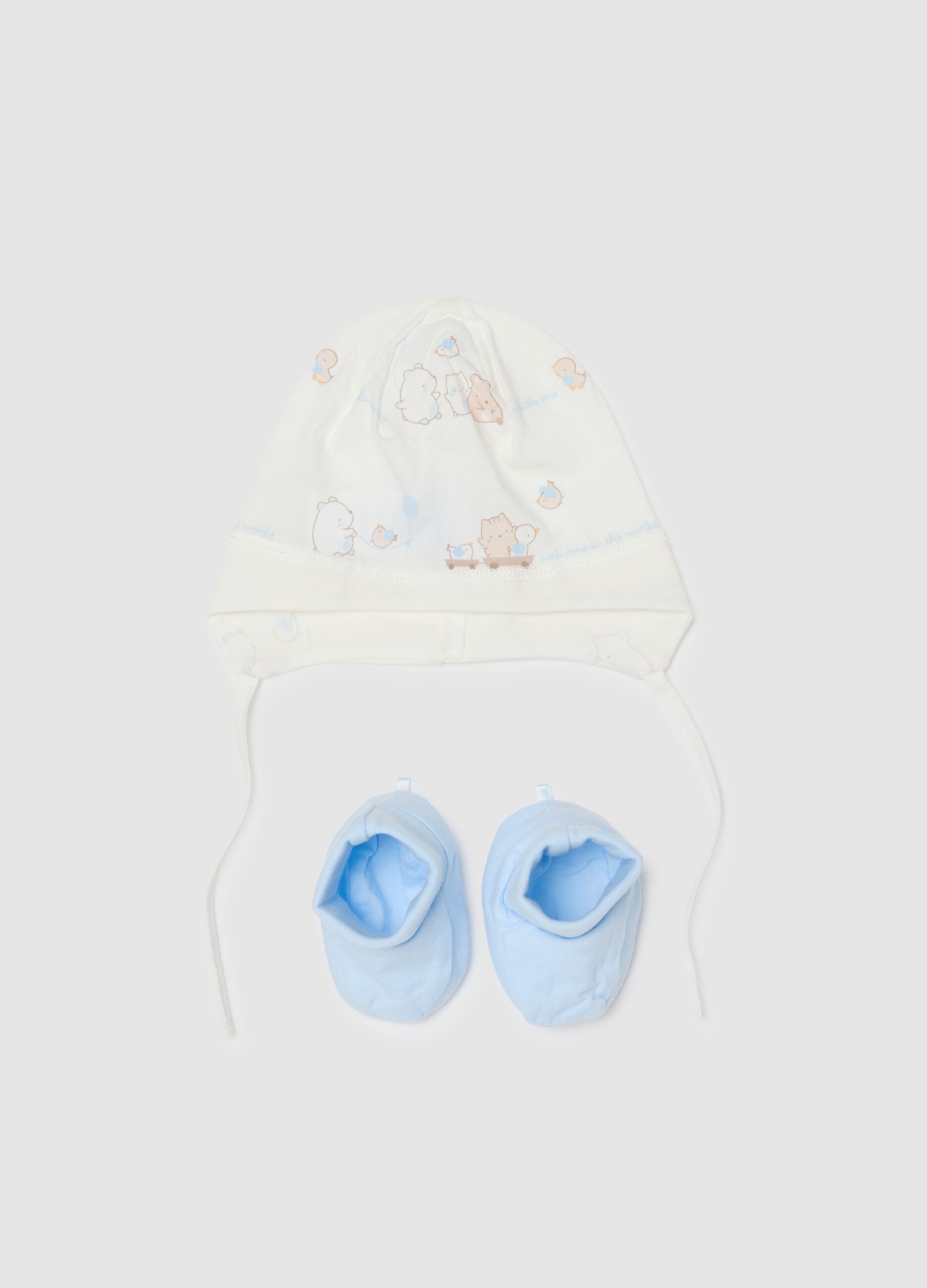 Multicolour baby hat and shoes set in pure cotton