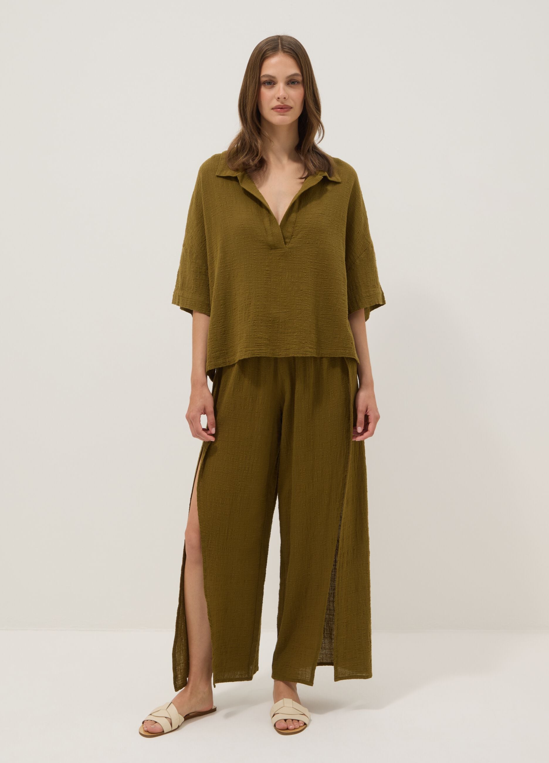 Green pure cotton beach trousers