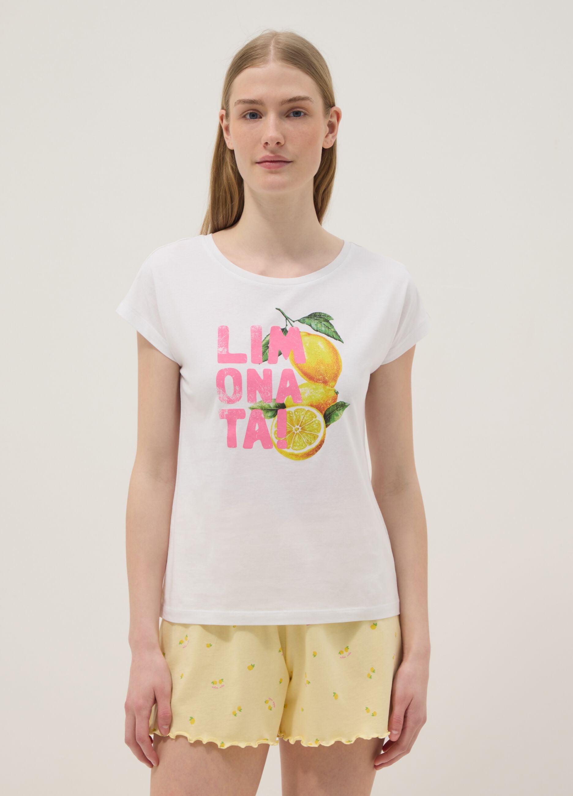 White organic cotton pyjama T-shirt with print, regular fit
