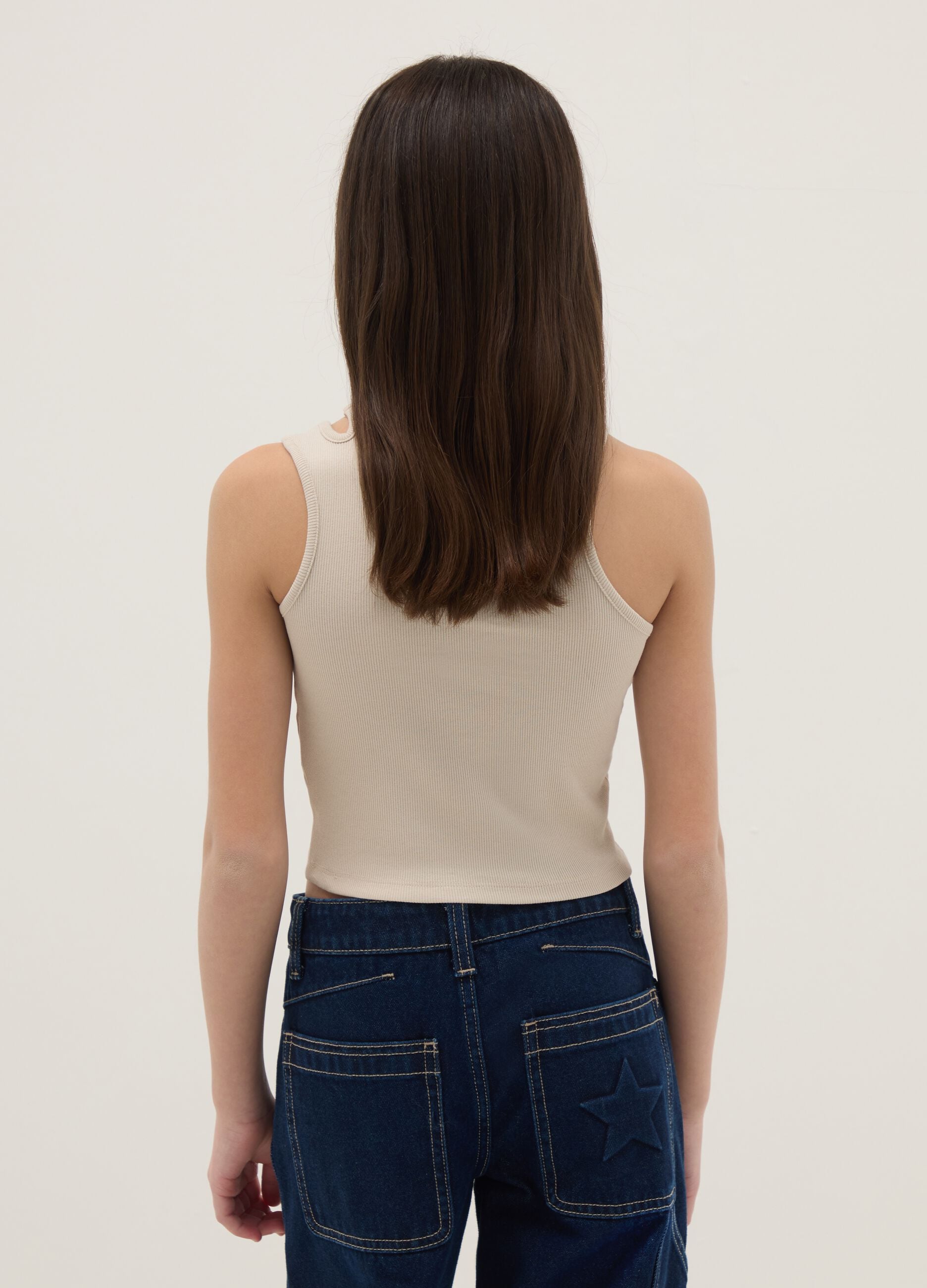Girls' beige fitted cotton stretch tank top
