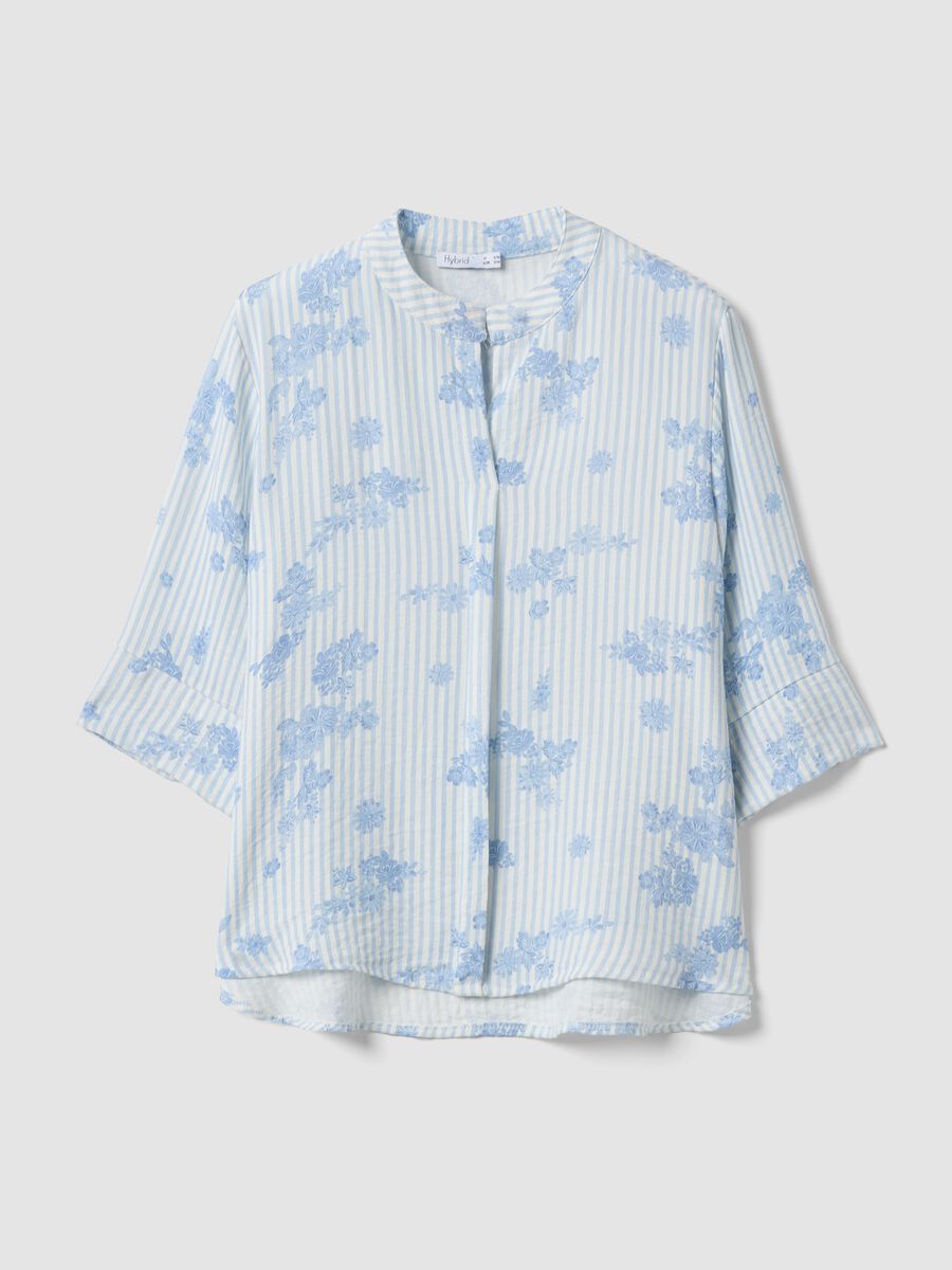 Light Blue Viscose-Blend Blouse with Stripes and Floral Print_4