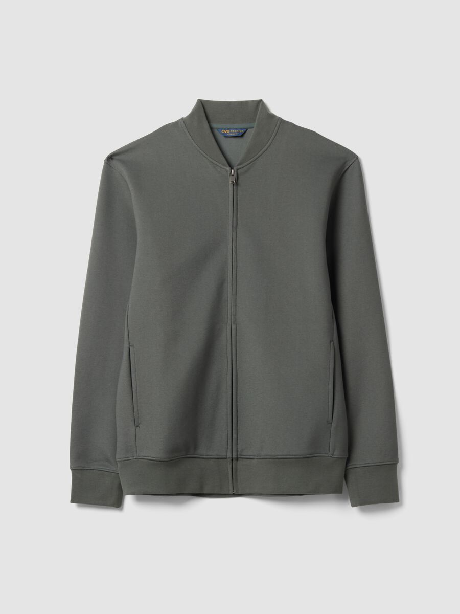 Grey full-zip piqu&eacute; sweatshirt in stretch fabric with ribbed collar_4