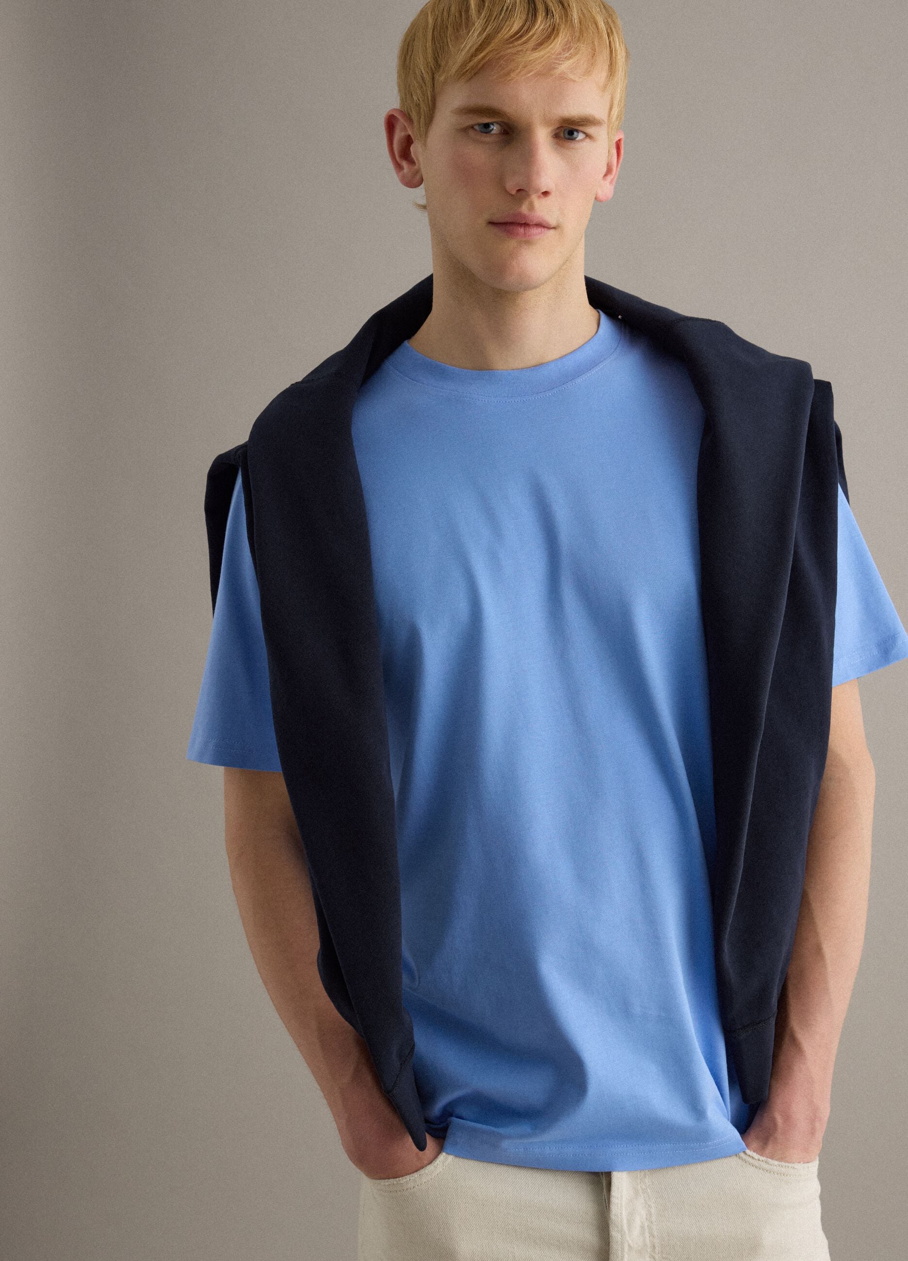 Light Blue Crew Neck Pure Cotton T-shirt Relaxed Fit