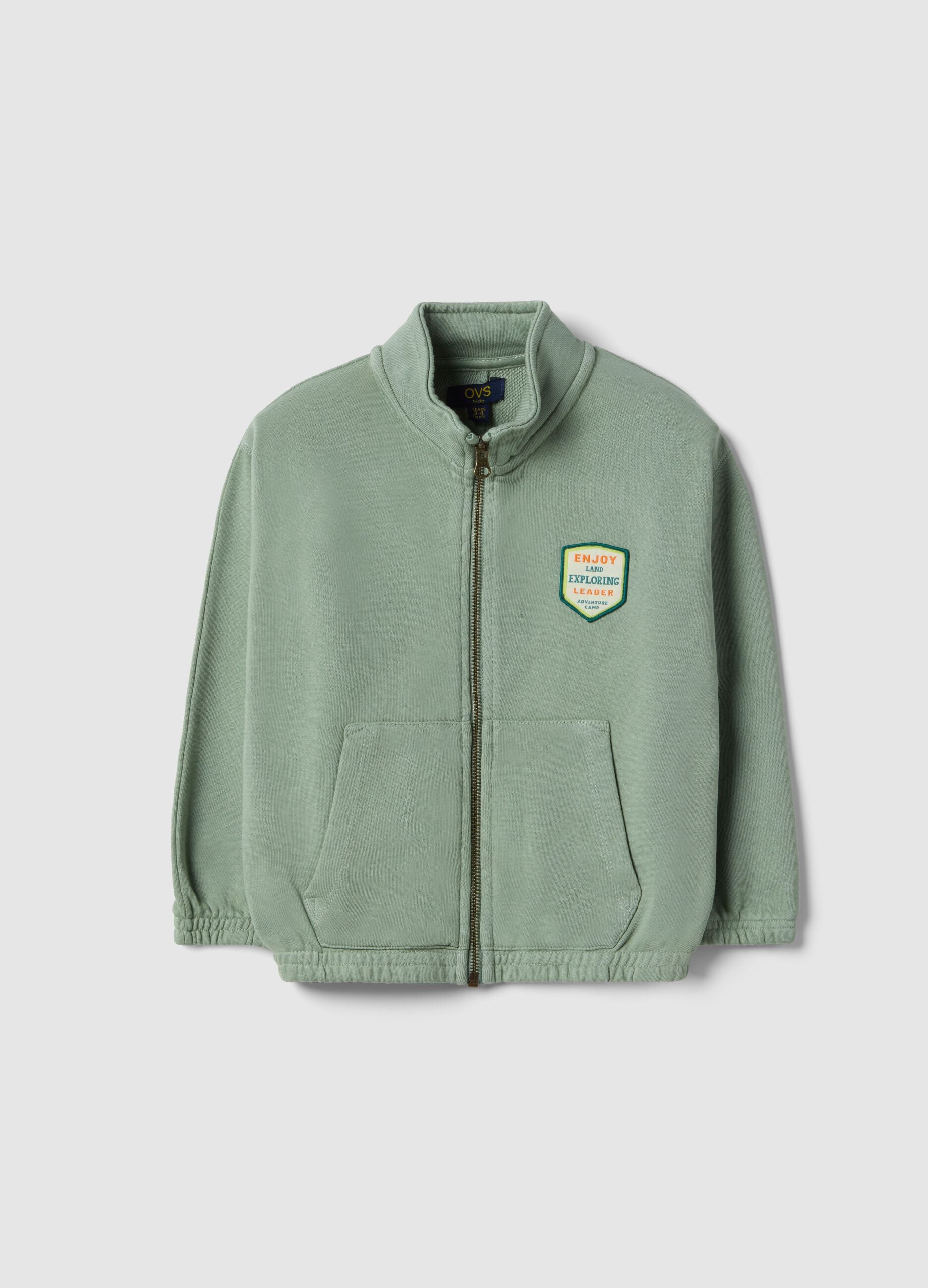 Green cotton blend kids' regular fit sweatshirt with zip and large pockets