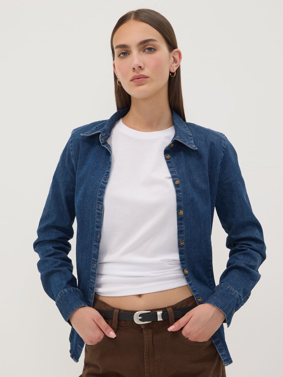 Blue slim-fit stretch cotton denim shirt_1