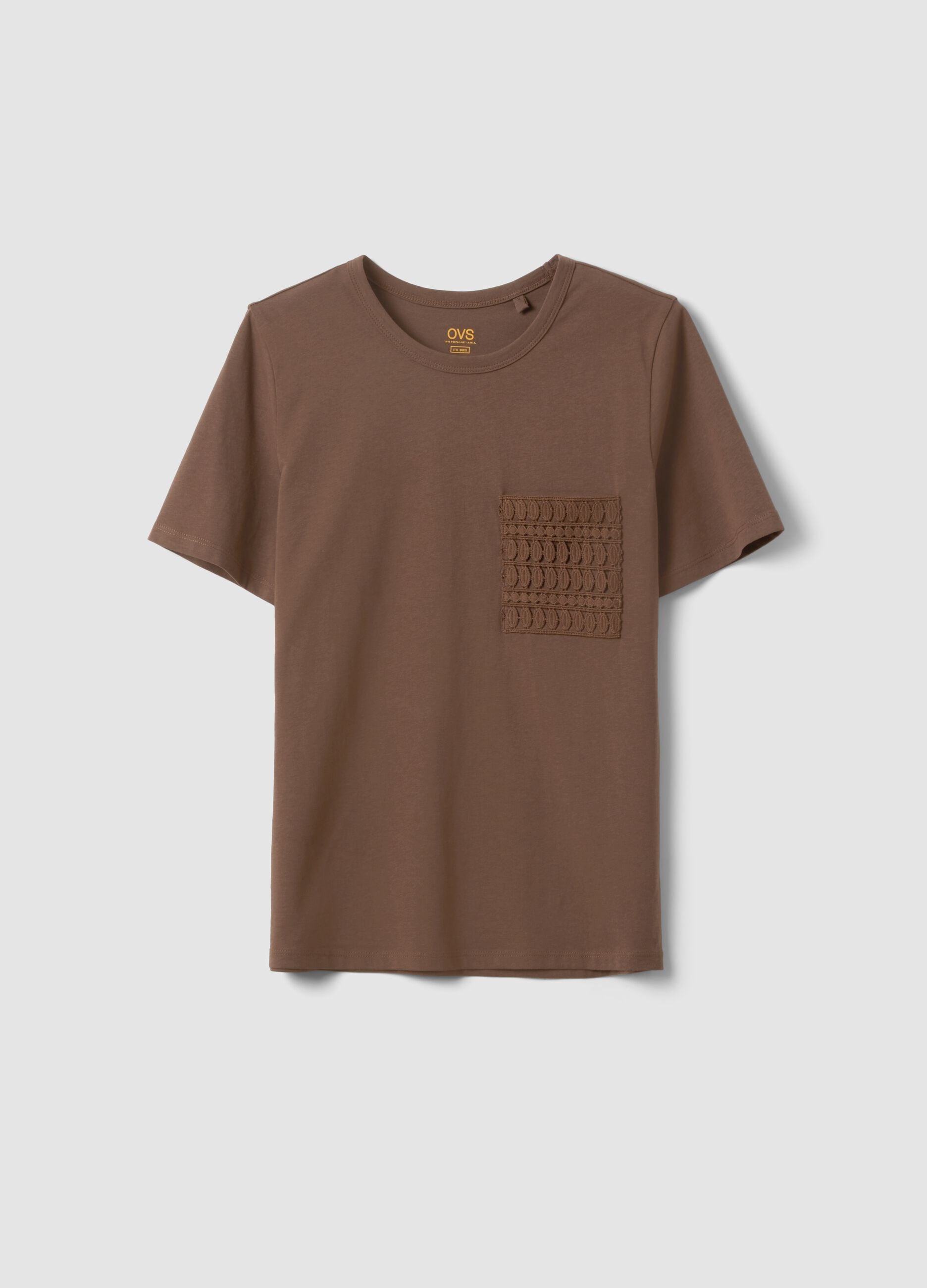 Brown pure cotton regular-fit T-shirt with embroidered chest pocket