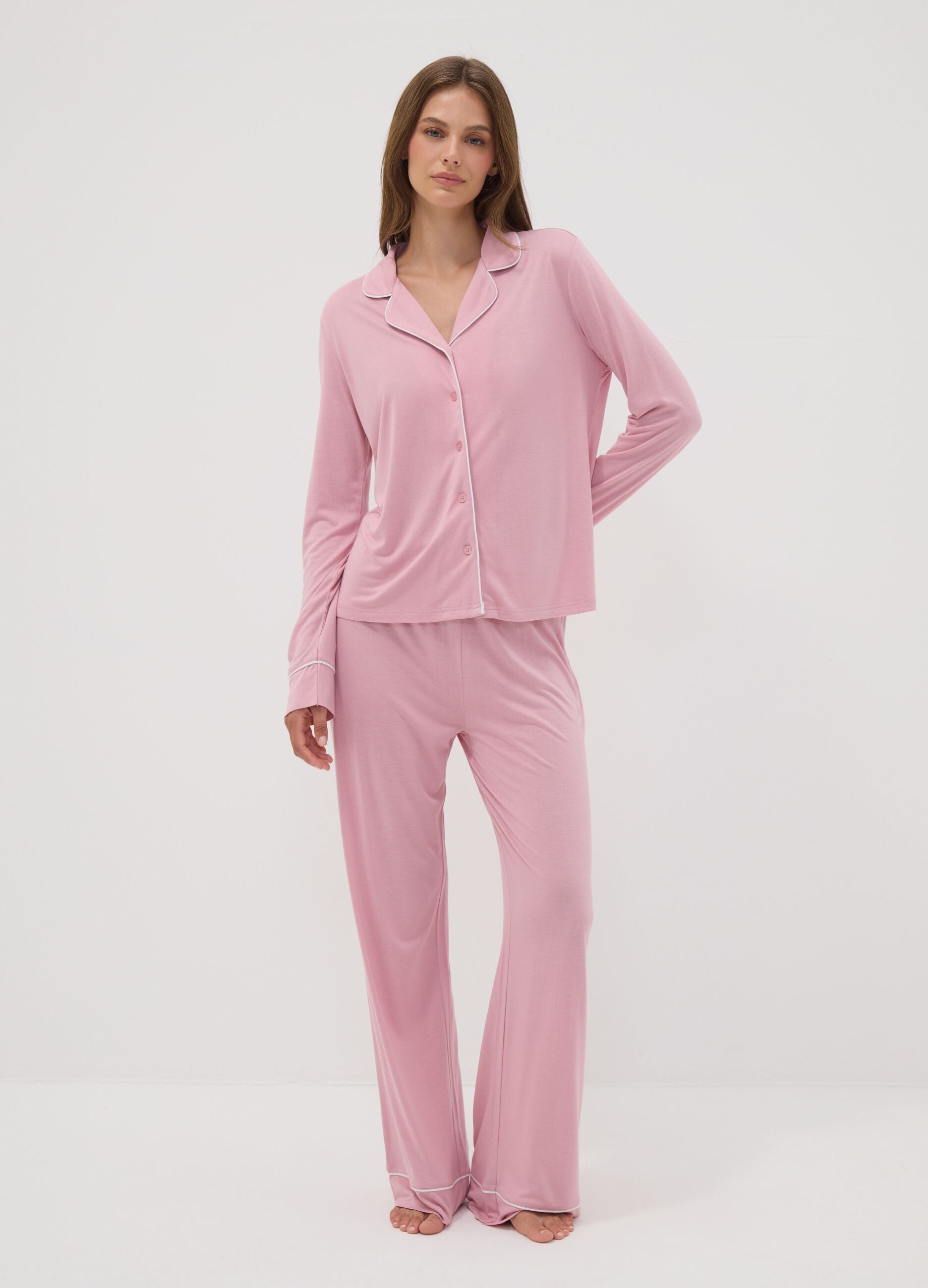 Pink pure viscose pyjama trousers with drawstring, regular fit