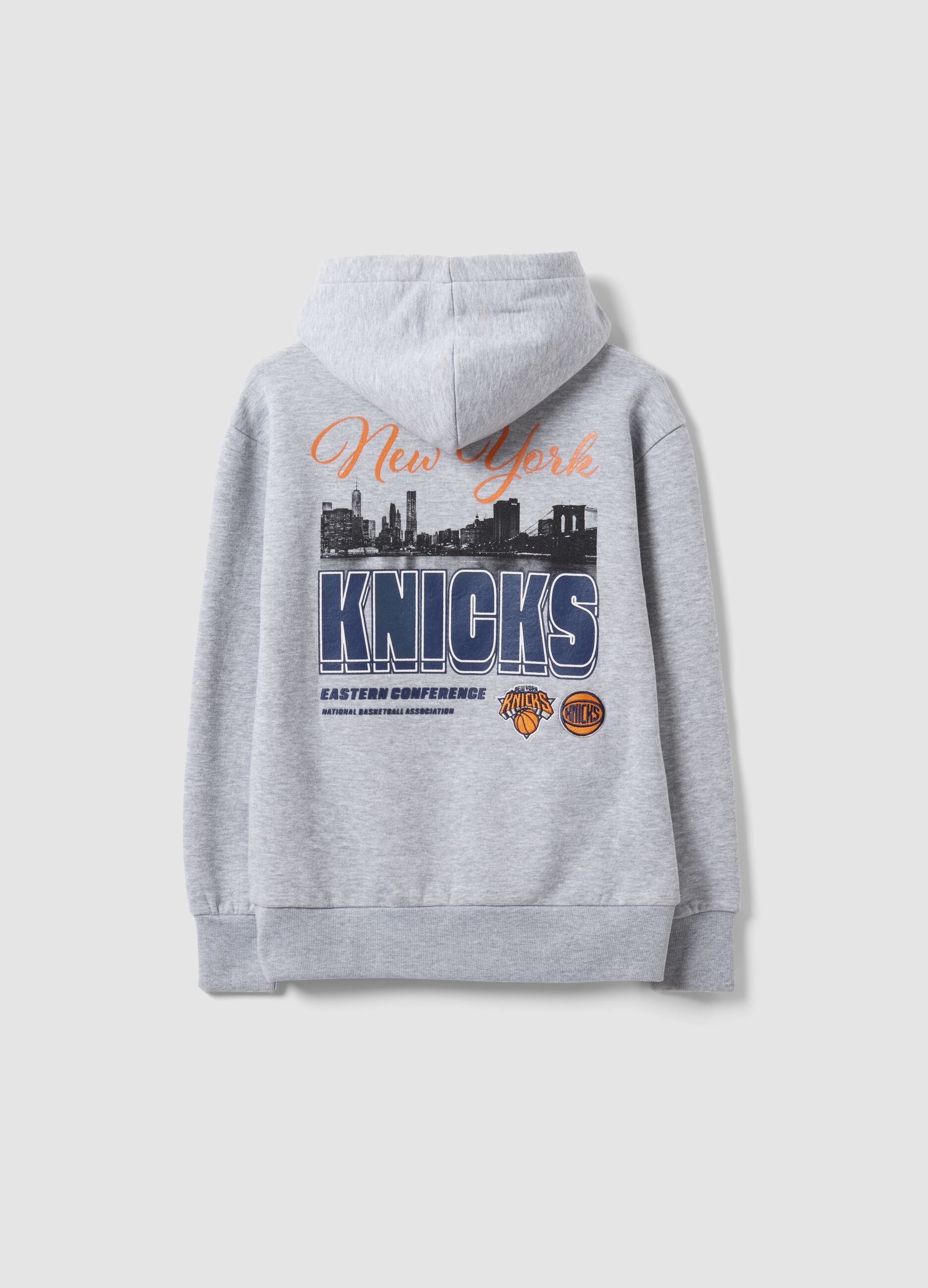 Grey cotton-blend hoodie with New York Knicks print