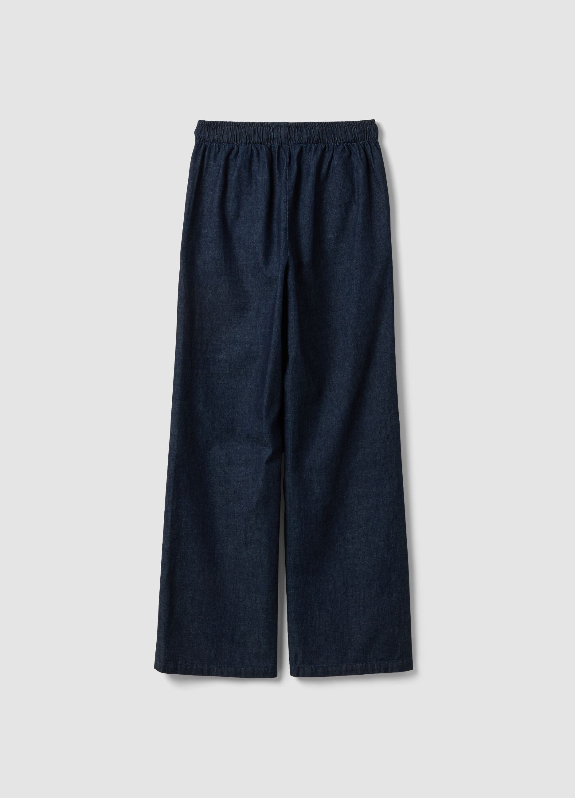 Blue pure cotton wide-leg denim trousers with drawstring