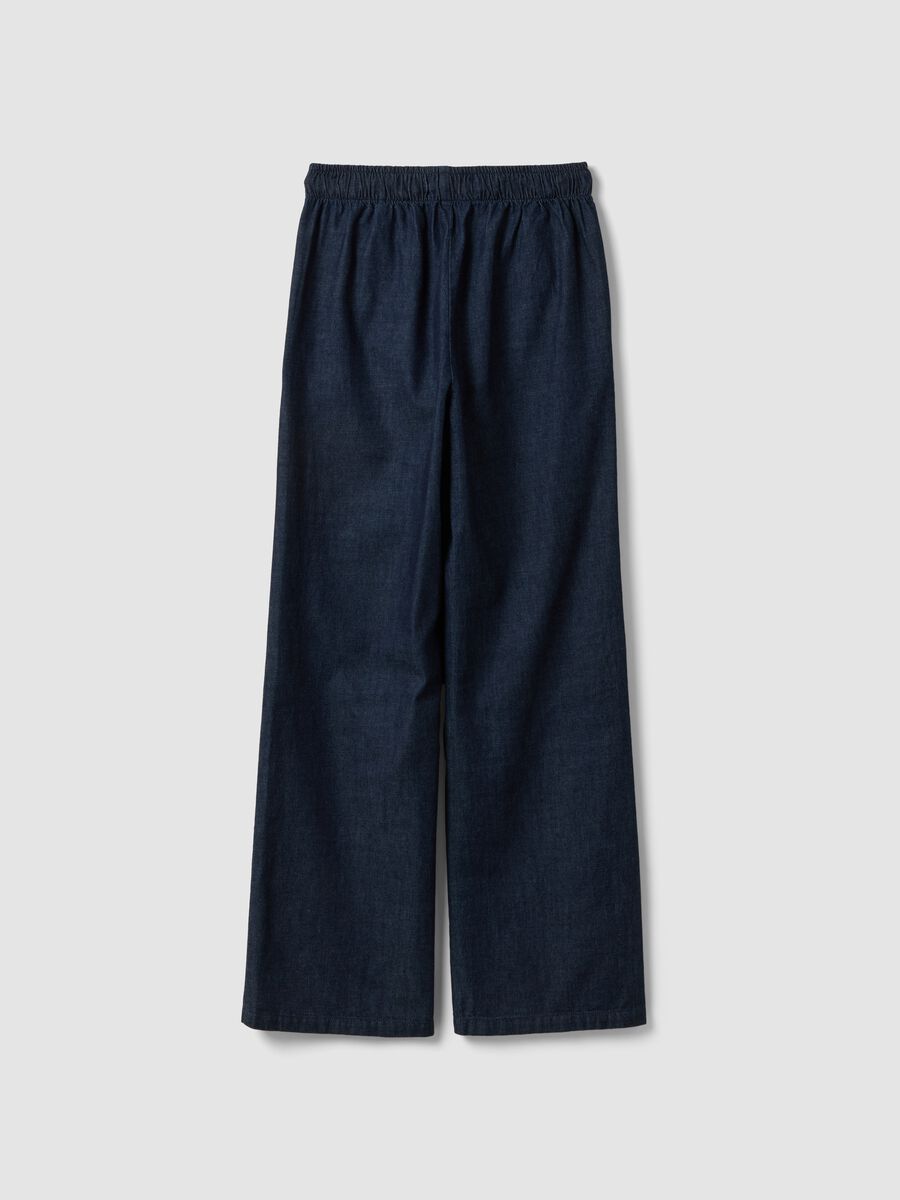 Blue pure cotton wide-leg denim trousers with drawstring_5