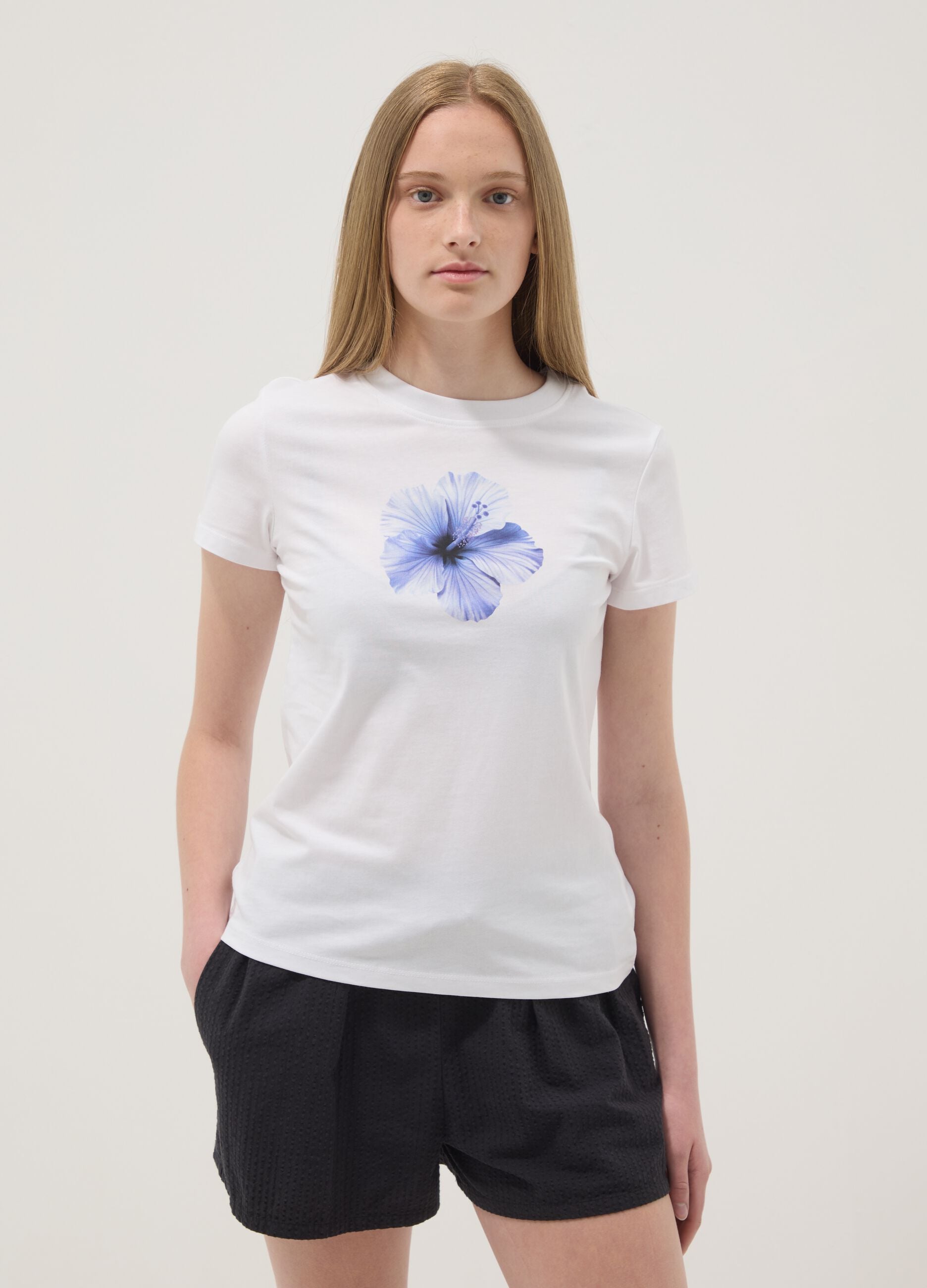 White pure cotton T-shirt with floral print