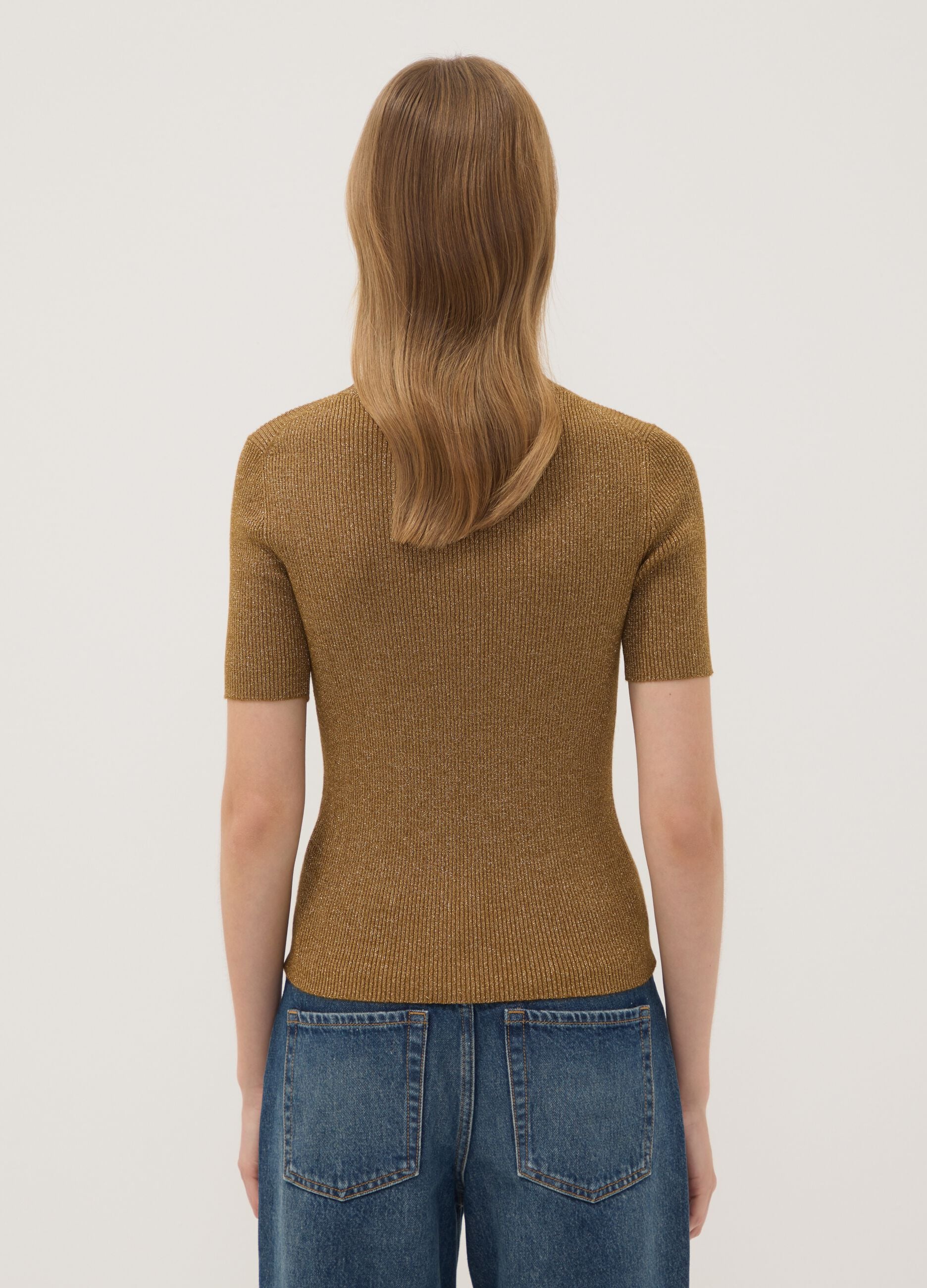 Brown fitted rib-knit viscose blend top