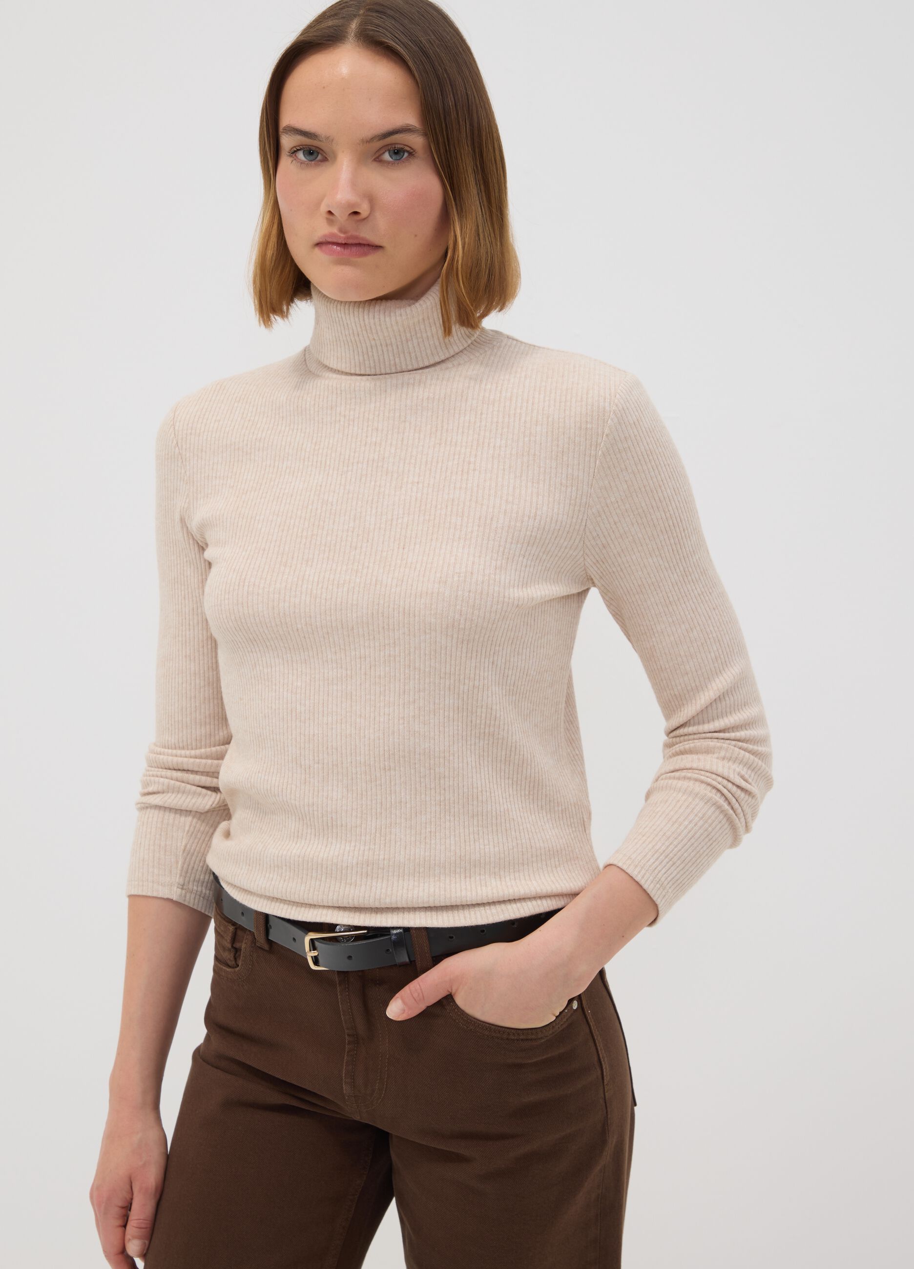 Beige ribbed viscose-blend crew-neck jumper
