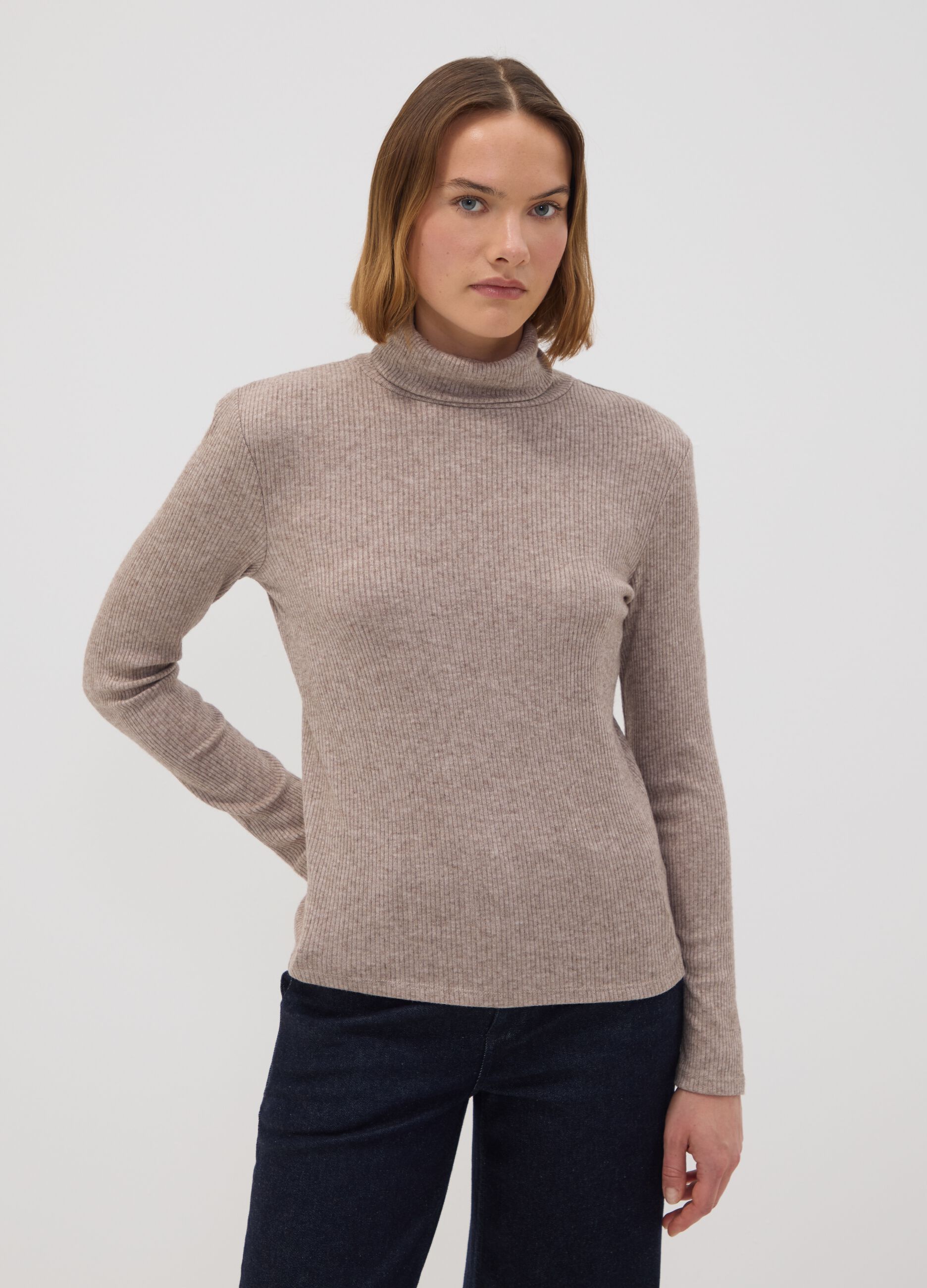 Beige ribbed viscose-blend crew-neck jumper