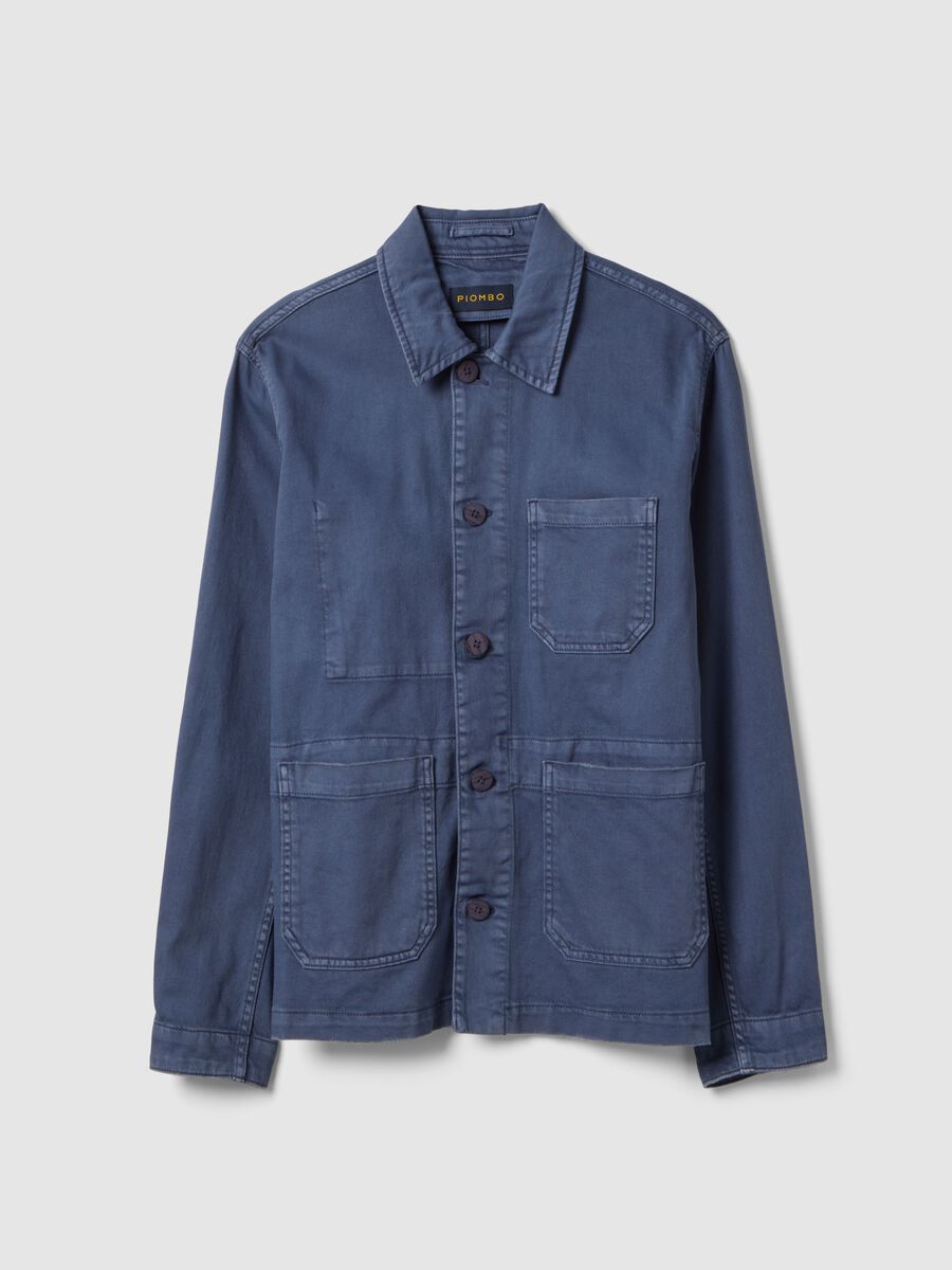 Regular fit blue stretch cotton jacket with collar and buttons_5
