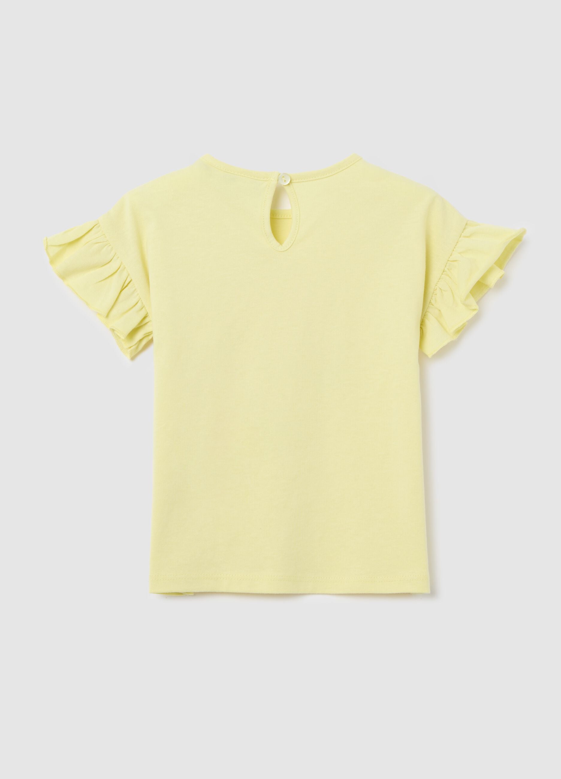 Yellow T-shirt in cotton with print and flounce