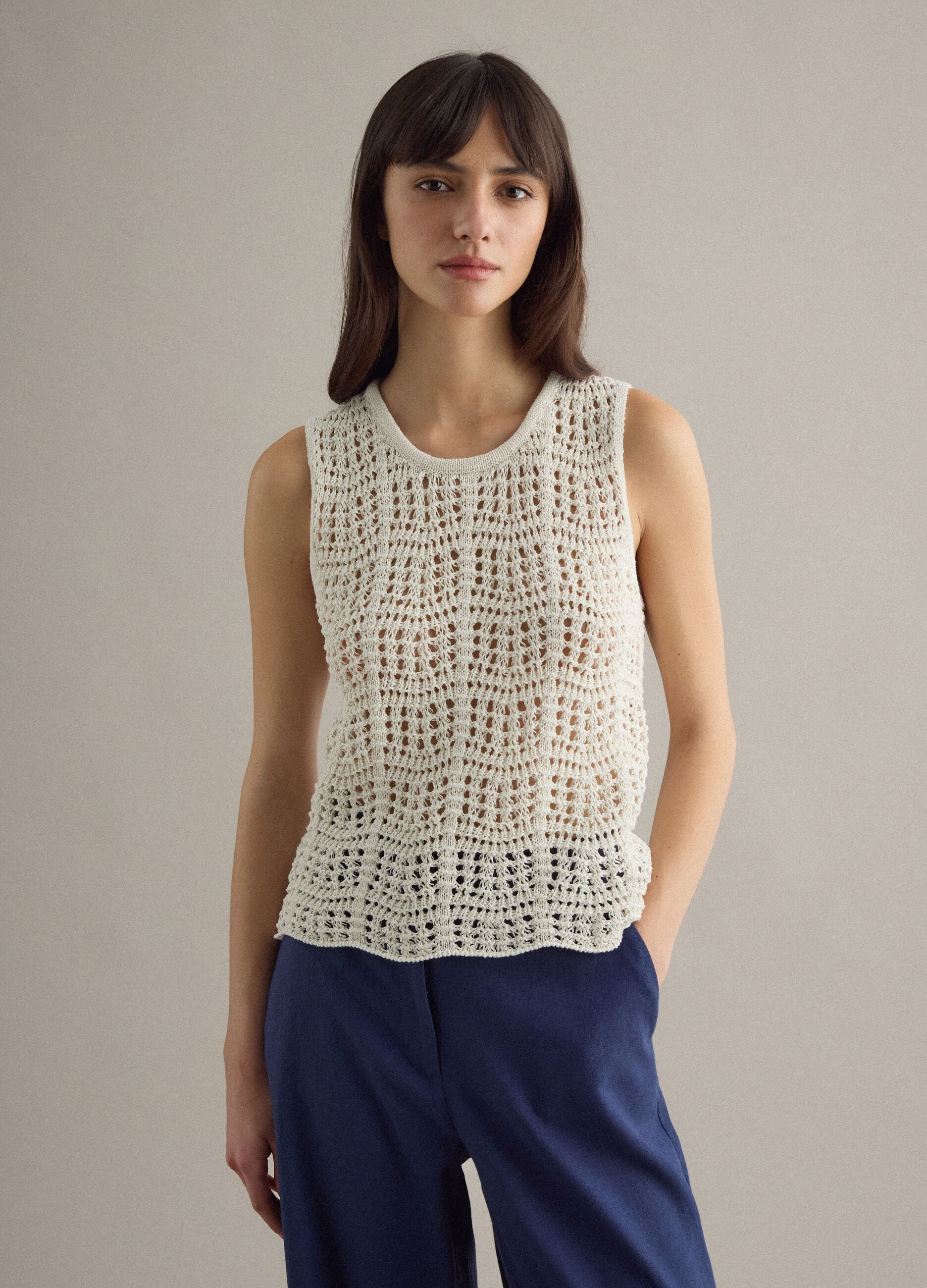 White cotton blend tank top regular fit with mesh texture