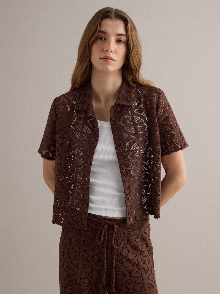 Polo traforata marrone a maniche corte regular fit_1