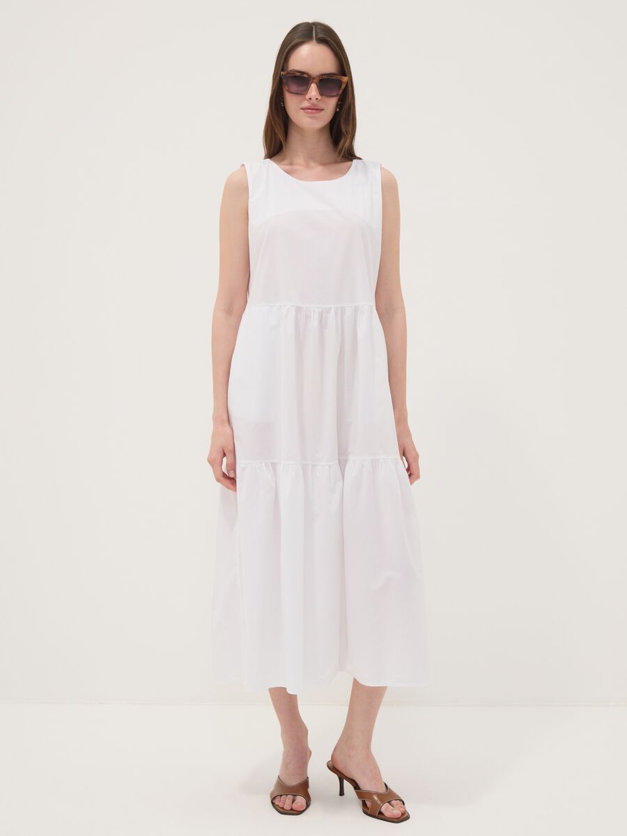 White sleeveless pure cotton tiered dress, regular fit_0