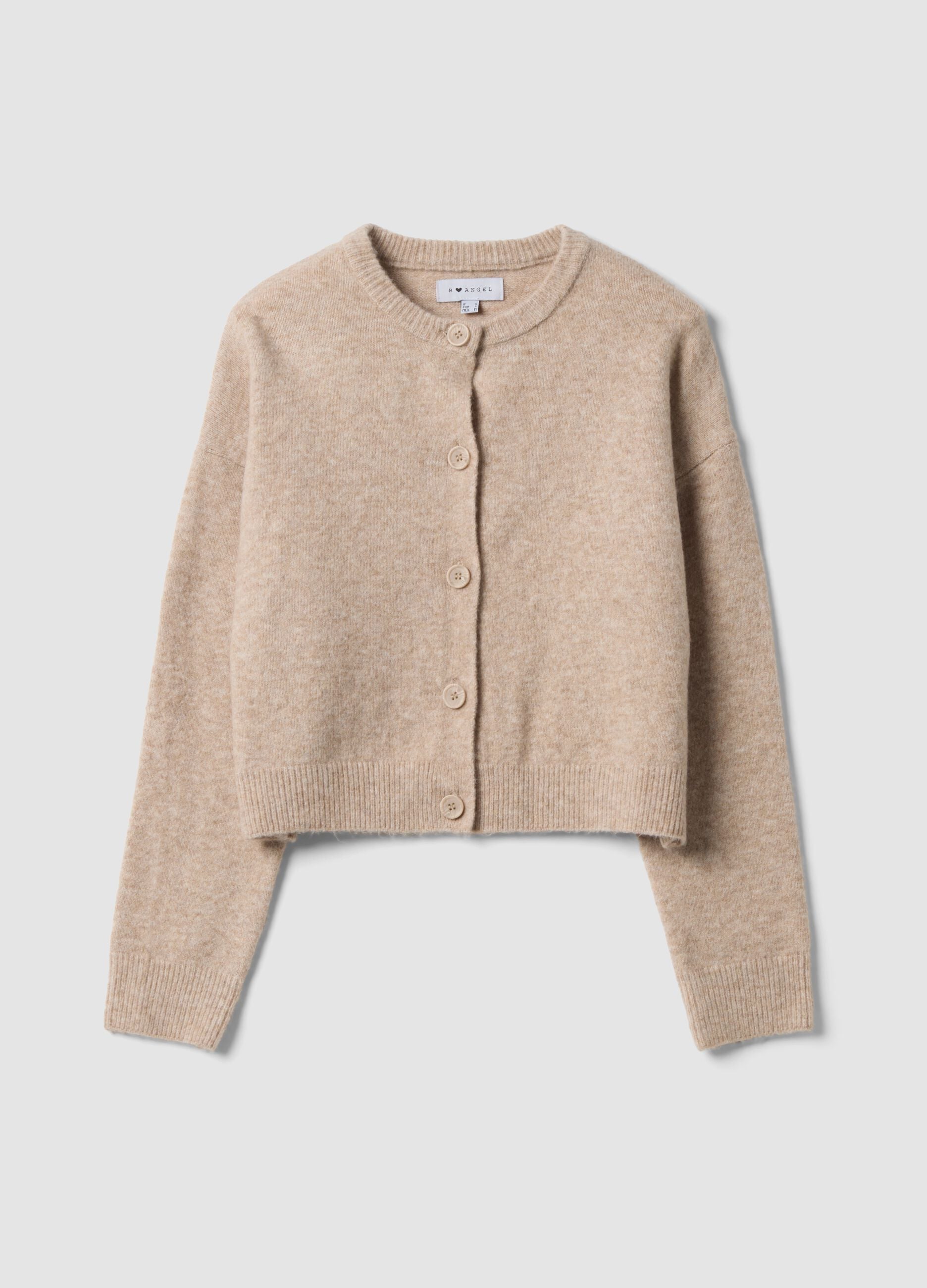 Beige stretch fabric crew-neck oversized cardigan