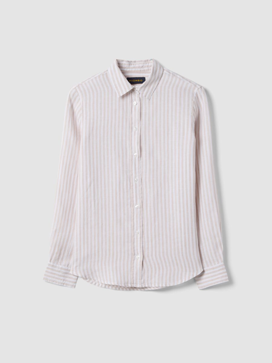 Pure linen striped shirt in white and beige regular fit_0
