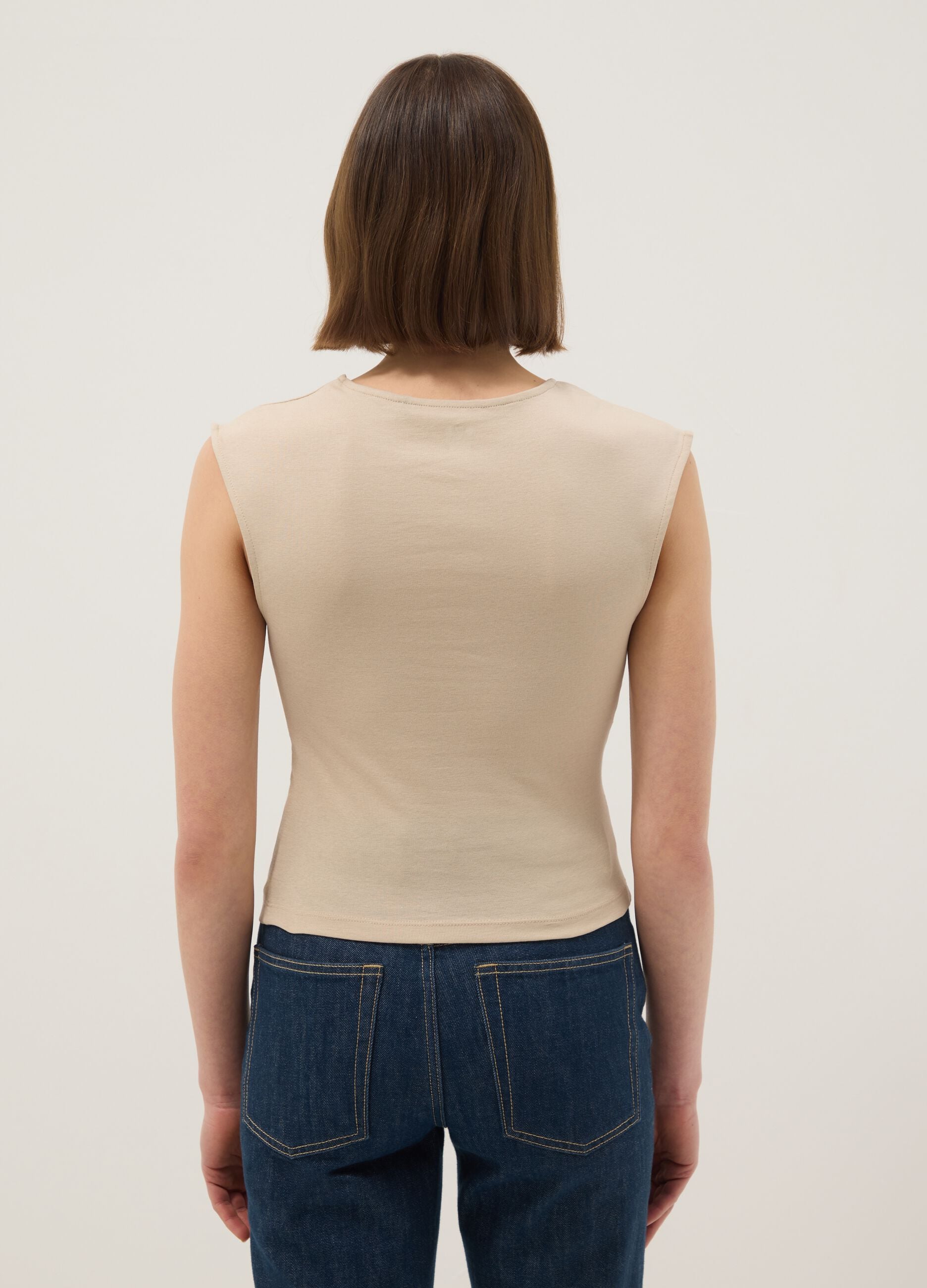 Beige pure cotton regular fit tank top