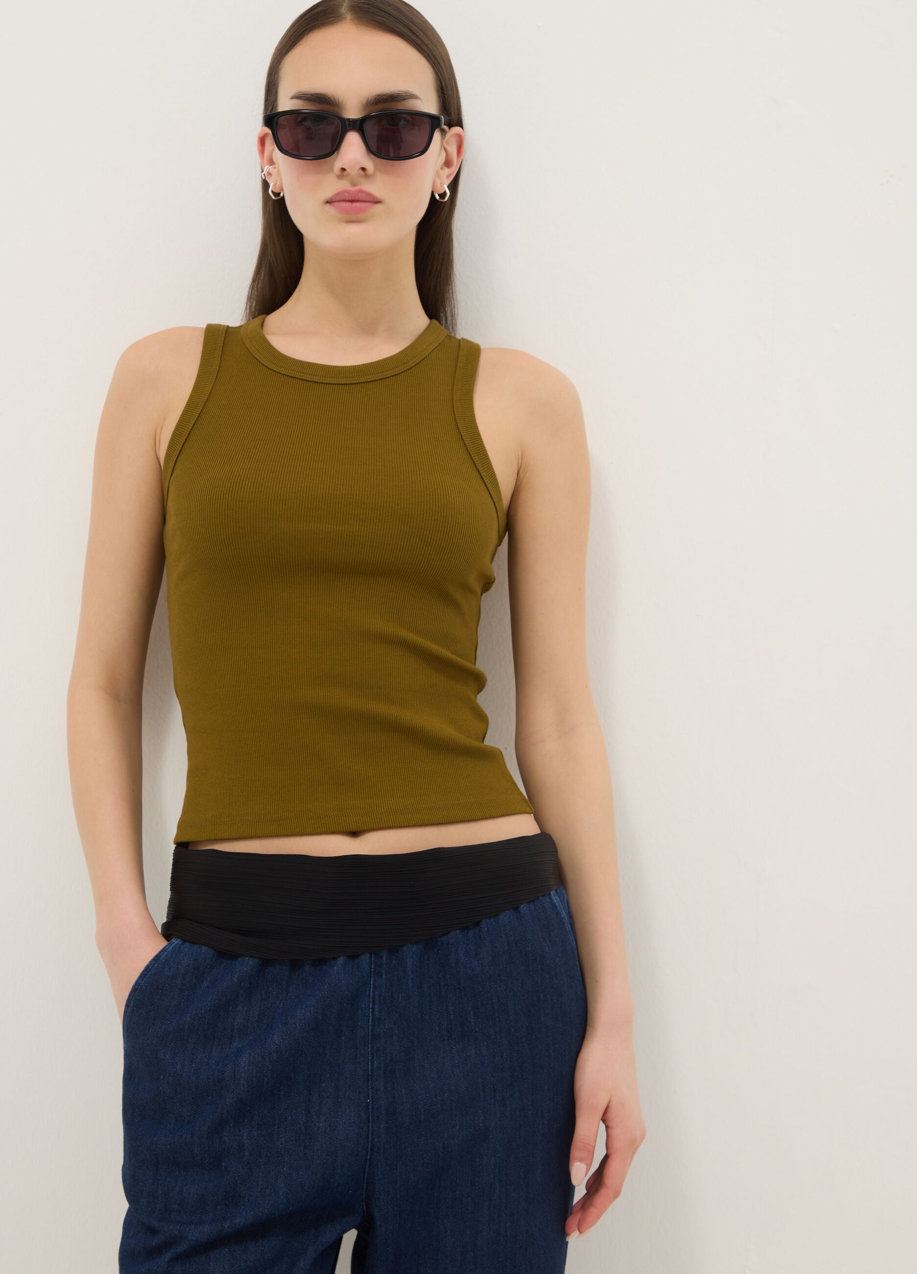 Green fitted ribbed stretch cotton tank top