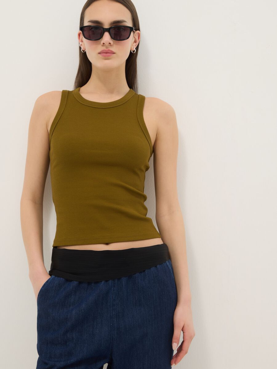 Green fitted ribbed stretch cotton tank top_0