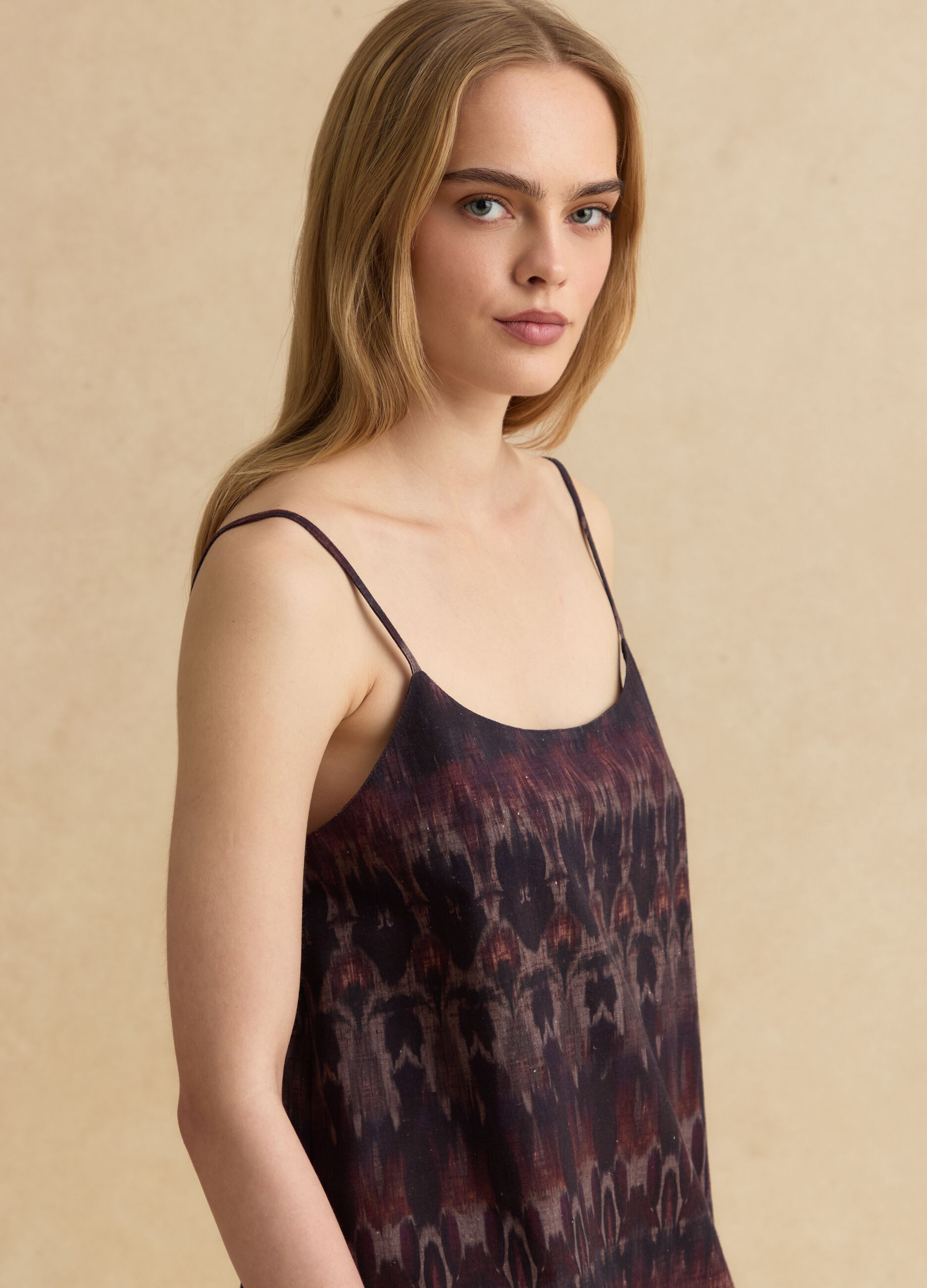 Purple cotton-linen blend dress with slim straps