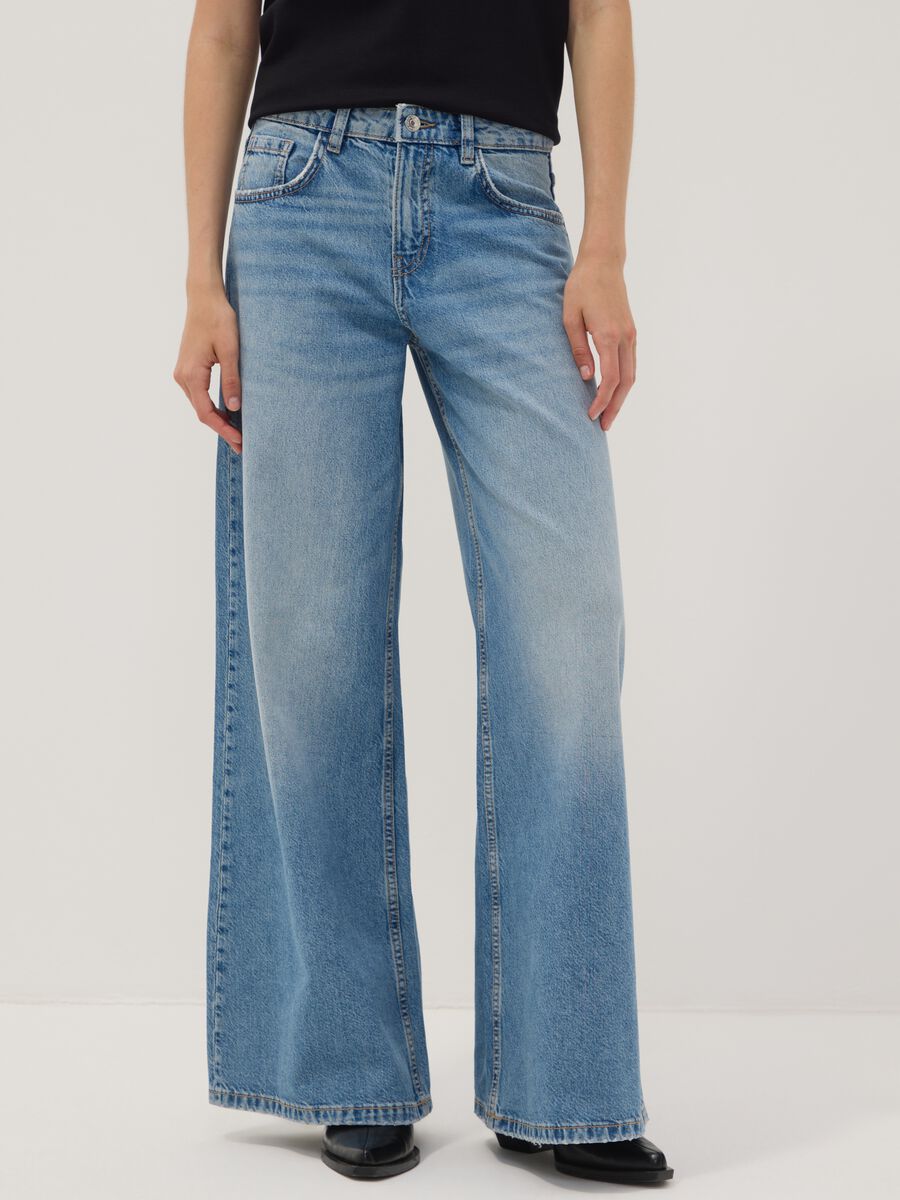 Light Blue Low-Rise Pure Cotton Wide-Leg Jeans_1