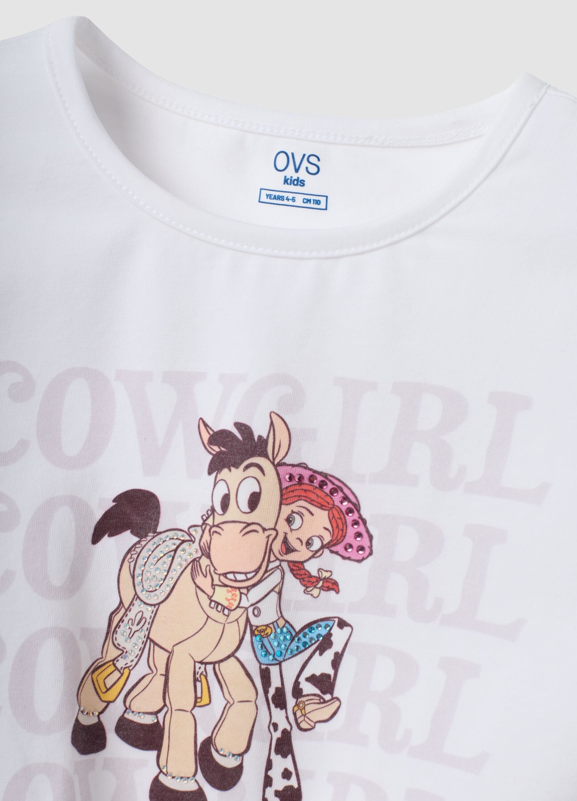White stretch cotton T-shirt with knot and Toy Story print for girls
