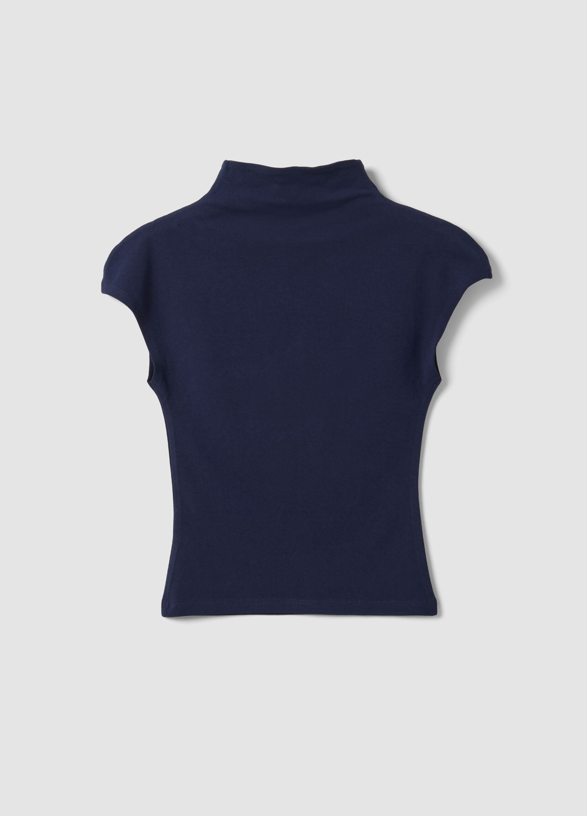Blue fitted modal and stretch cotton T-shirt with raised neckline