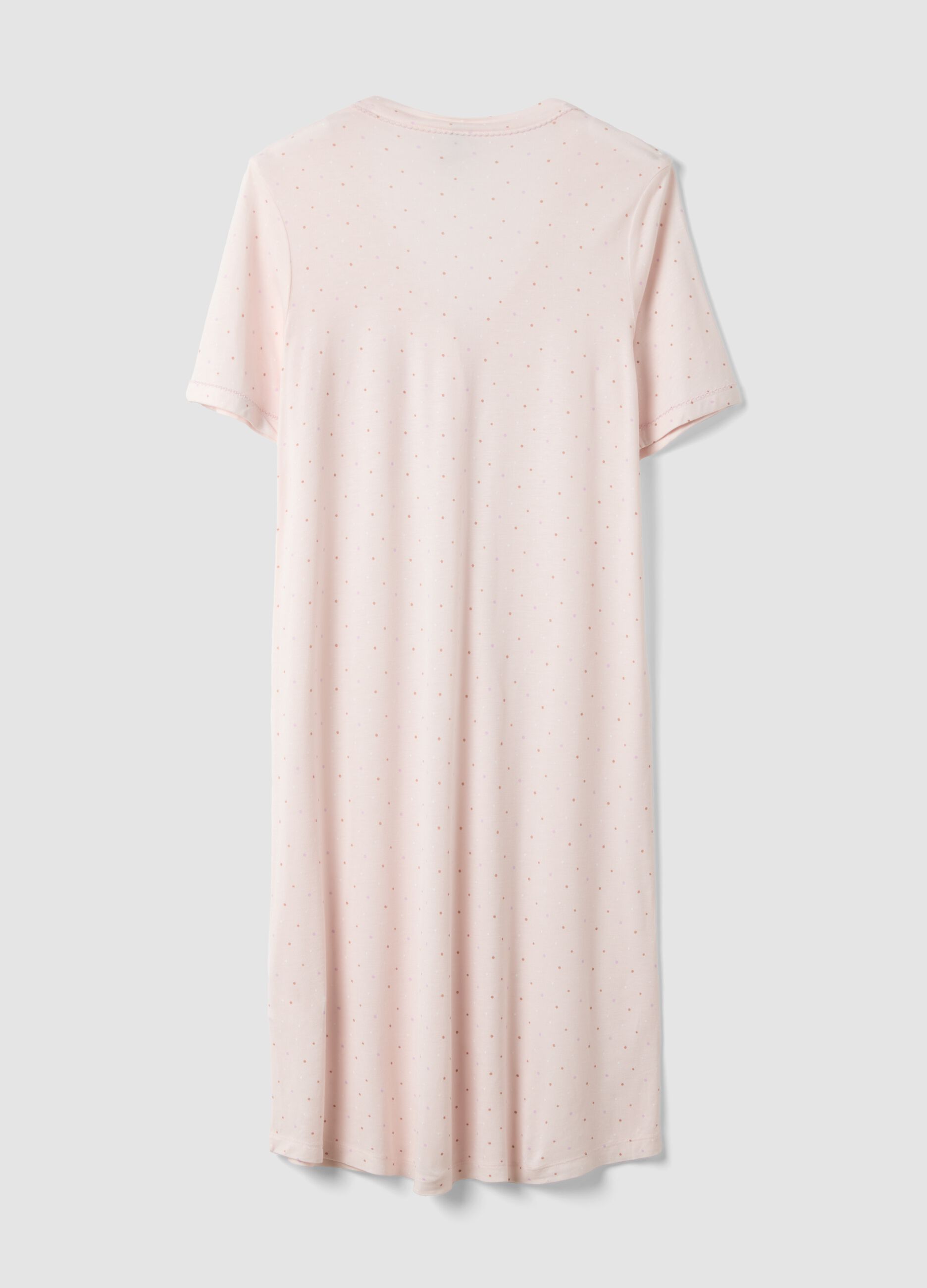 Pink polka-dot pure viscose nightshirt with V-neck