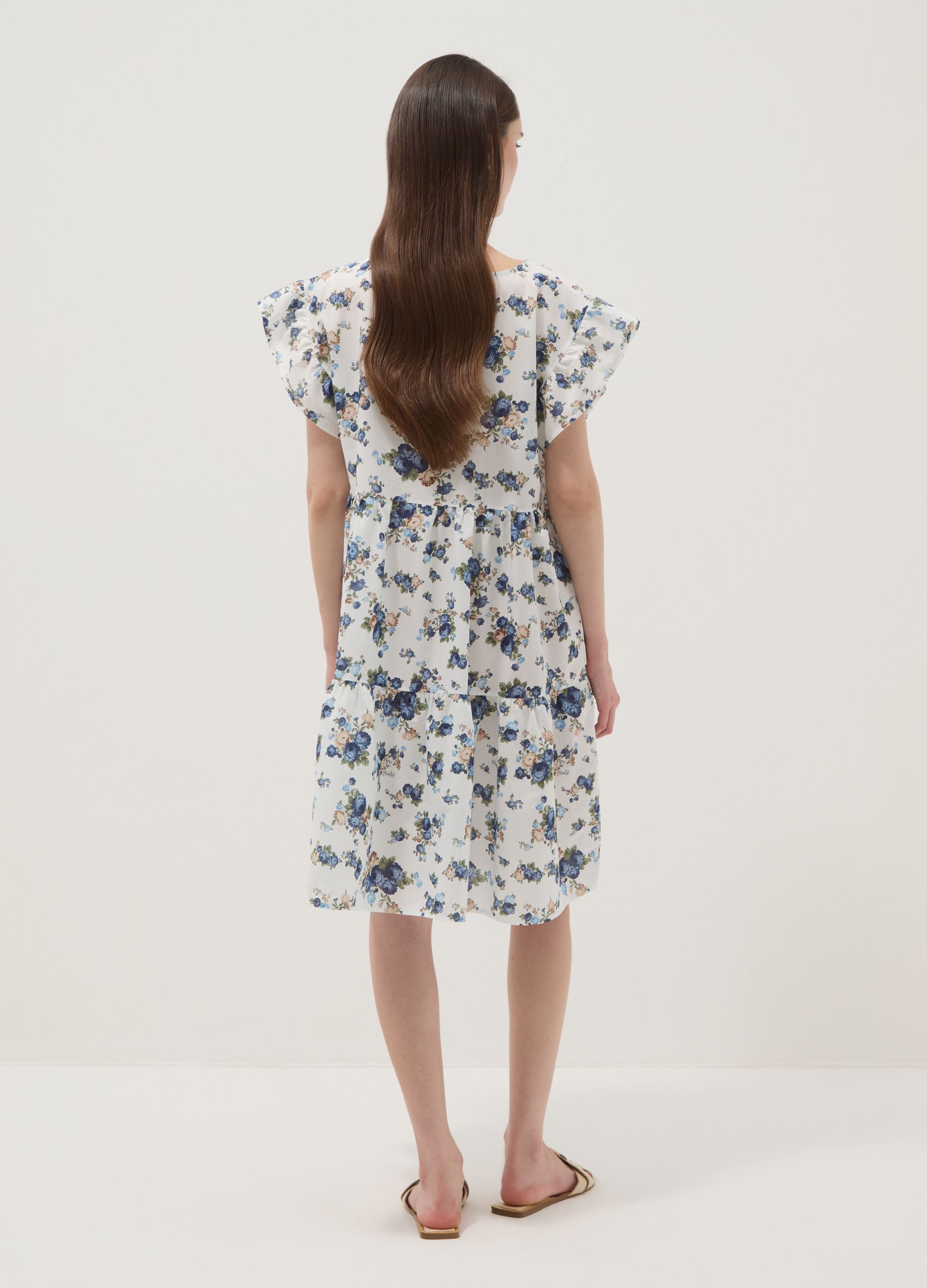 White pure cotton floral dress with ruffle sleeves