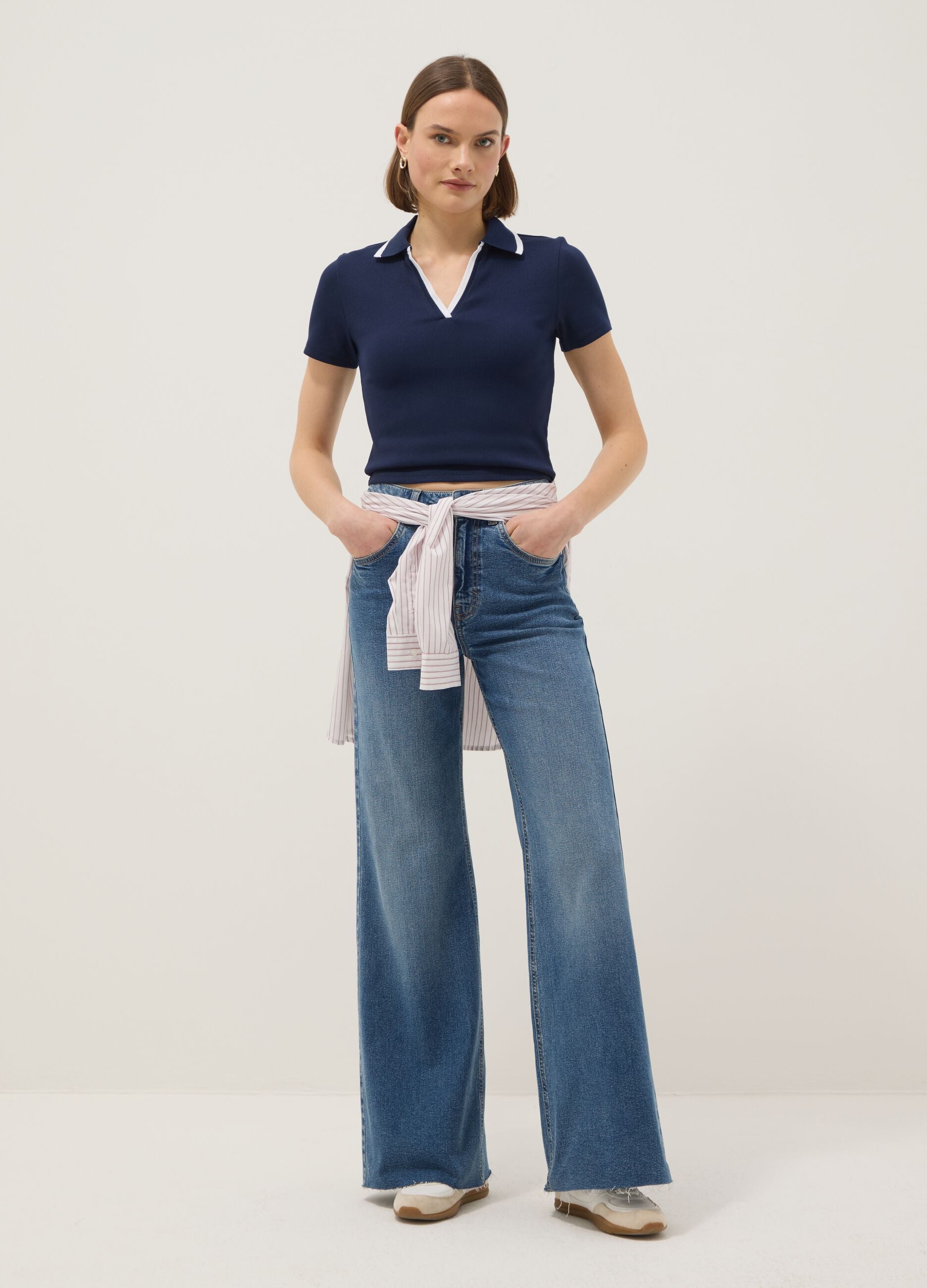 Blue stretch cotton polo with contrast collar, regular fit